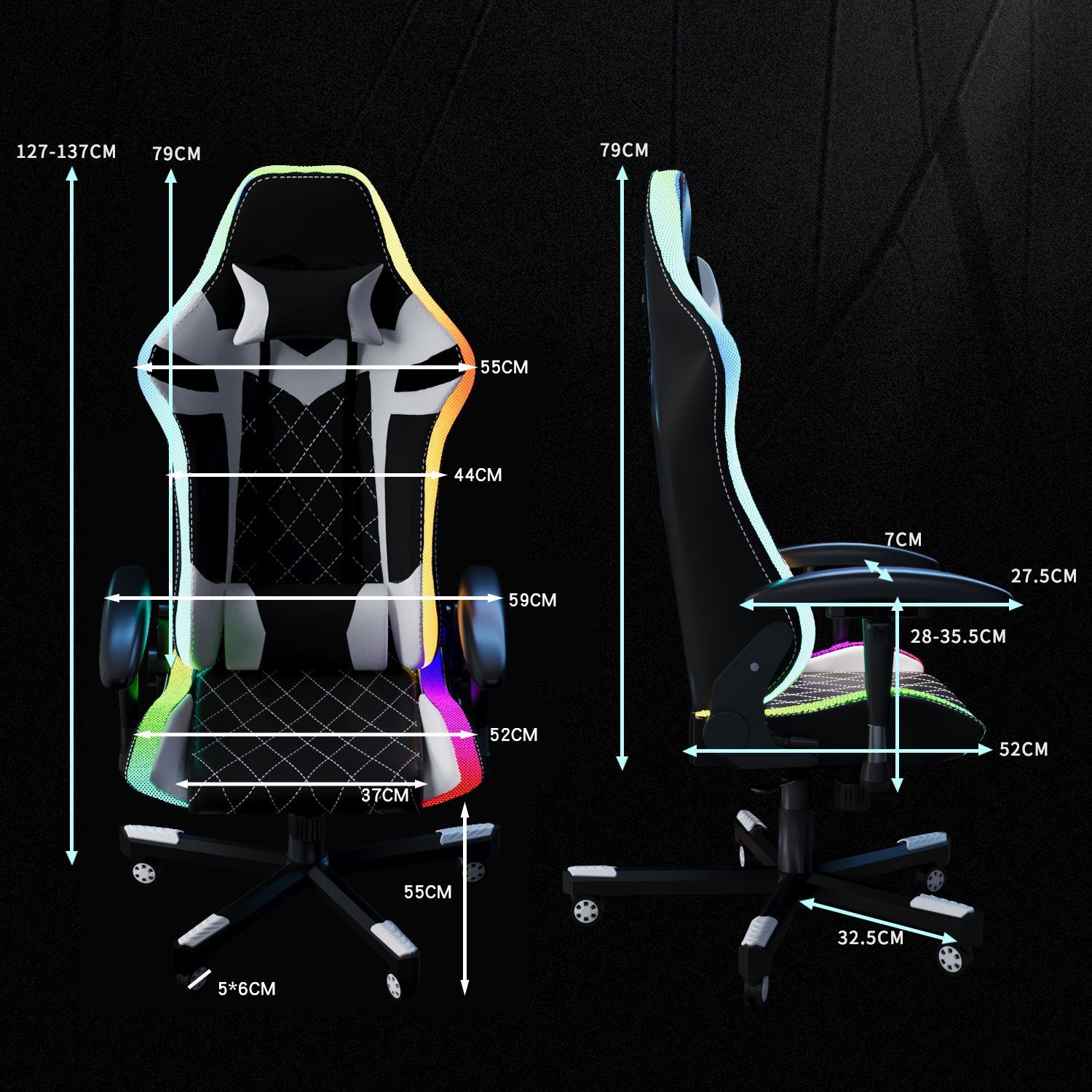 mit LED, PU-Leder Stuhl Gaming für 150 Gaming Belastbarkeit, kg GUNJI Weiß Bürostuhl Chair