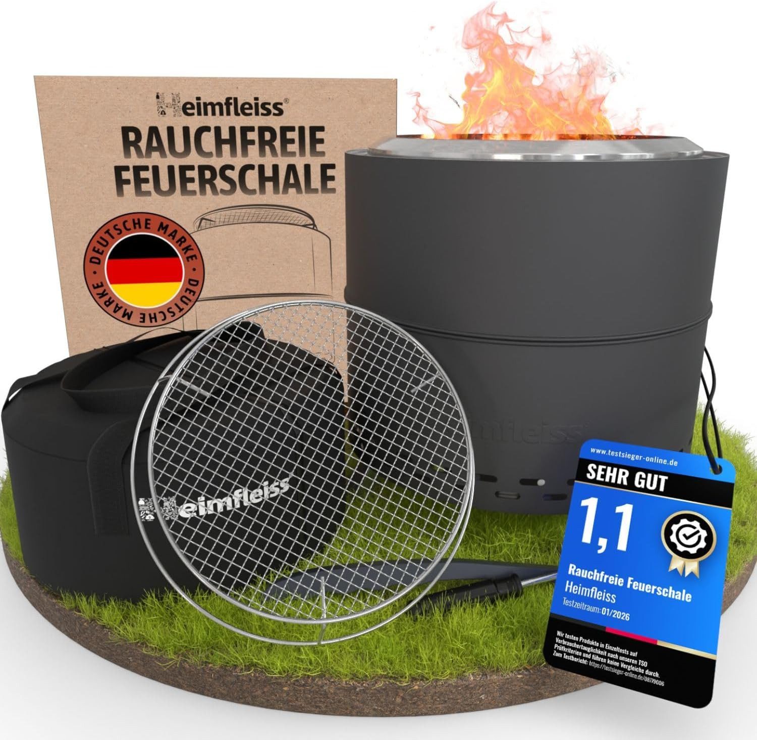Heimfleiss® Feuerschale Feuerstelle Edelstahl 304 rauchreduziert Camping, (Komplettset mit Grillrost, 6-St., inkl. Topfhalter & Tragetasche), windgeschützt Ø 50 cm