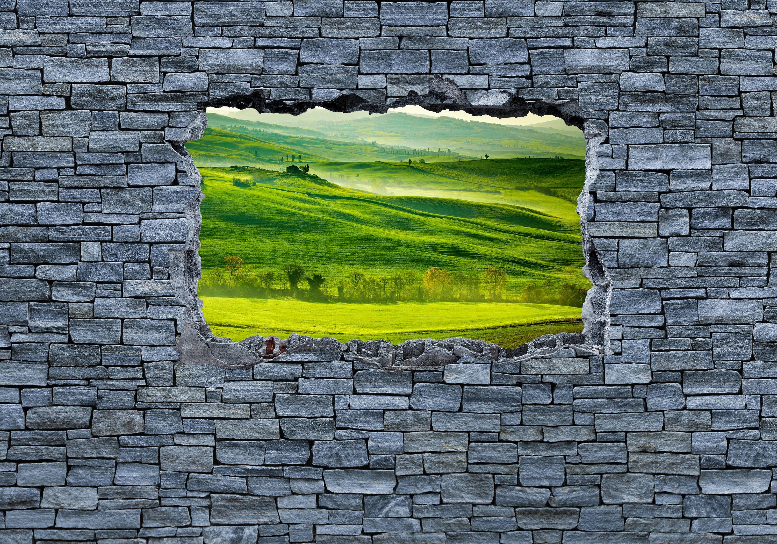 wandmotiv24 Fototapete Grüne 3D grobe Steinmauer, Motivtapete, Wandtapete, Vliestapete matt, - Toskana glatt