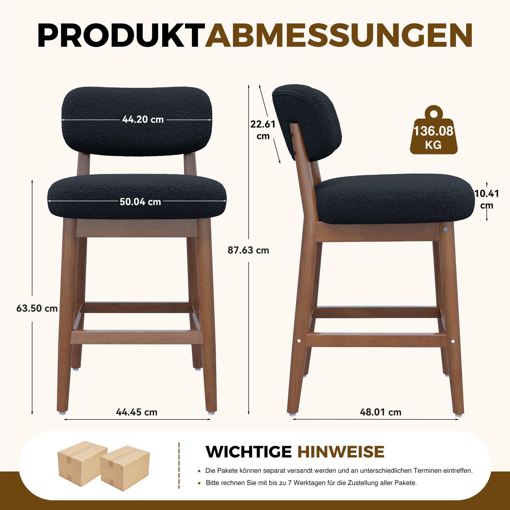 HawthyHome Barhocker mit Lehne Bouclé Tresenhocker gepolstert (2 St), mit Massivholzbeinen Barstuhl für Kücheninsel