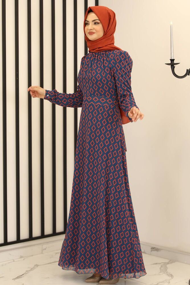 Kleid Abendkleid Damen Mode Blau langärmliges mit Maxikleid, Chiffonkleid Abaya Modavitrini Hijab Blickdicht Rautenmuster Abiye