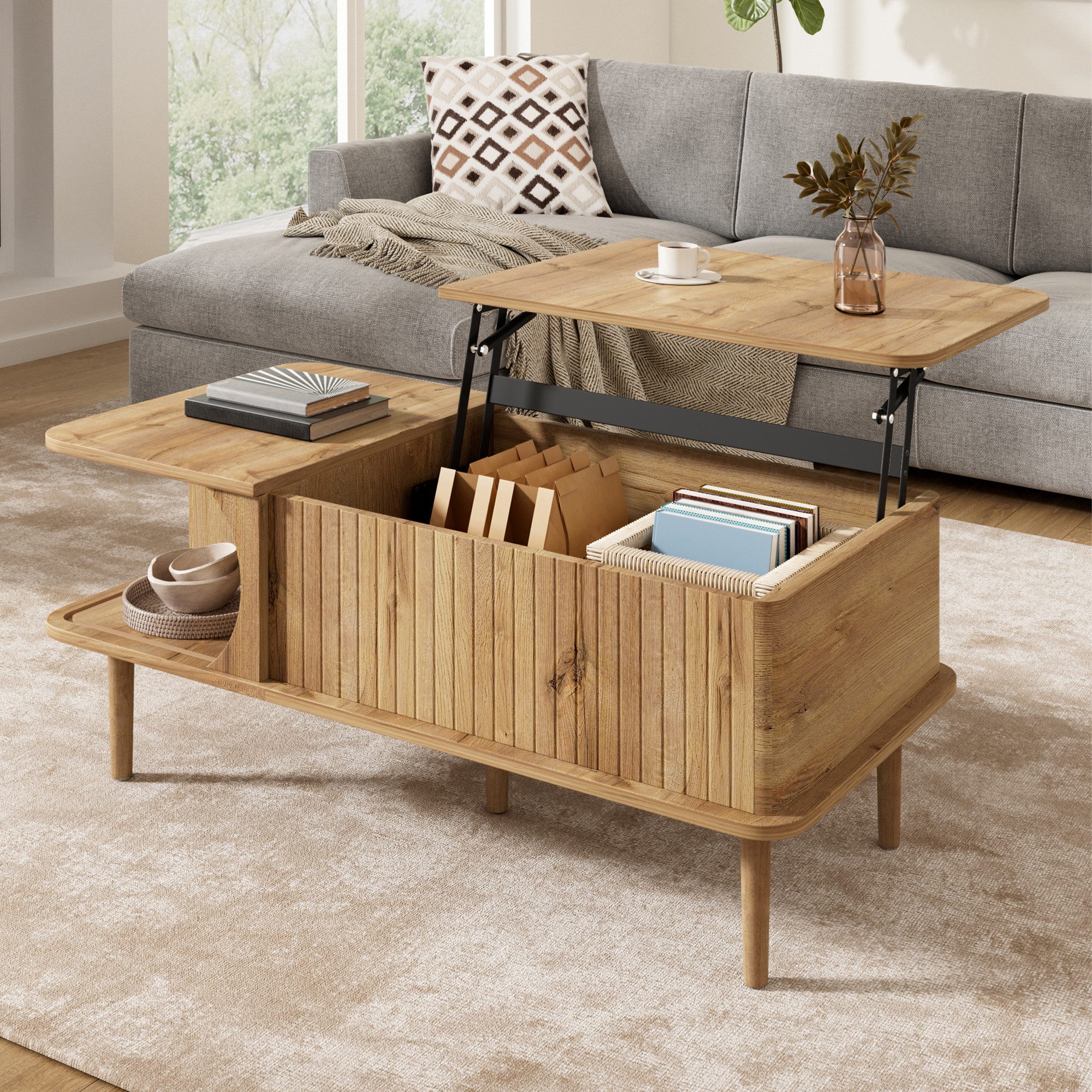 KLAM HOME Couchtisch Höhenverstellbarer Couchtisch mit Retro‑Design für Wohnzimmer (Multifunktionaler Sofatisch mit verschiebbarer Tür und Stauraum), Moderner Kaffeetisch in Nussbaum und Natur mit Holzbeinen