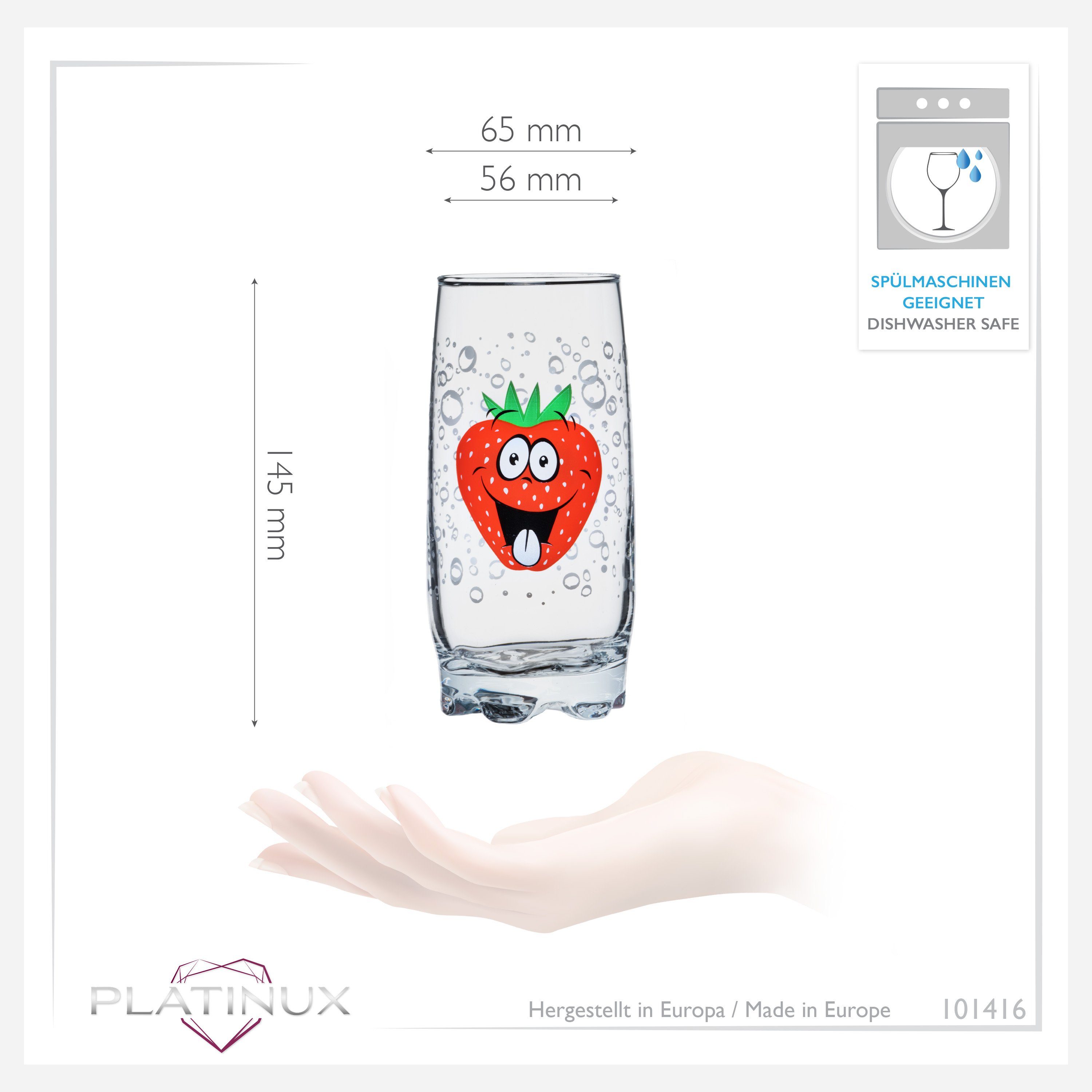 PLATINUX Glas Weiße hohe Glas Glas, Fruchtgesichtern 350ml Teilig lustigen mit aus Set 6 Trinkgläser