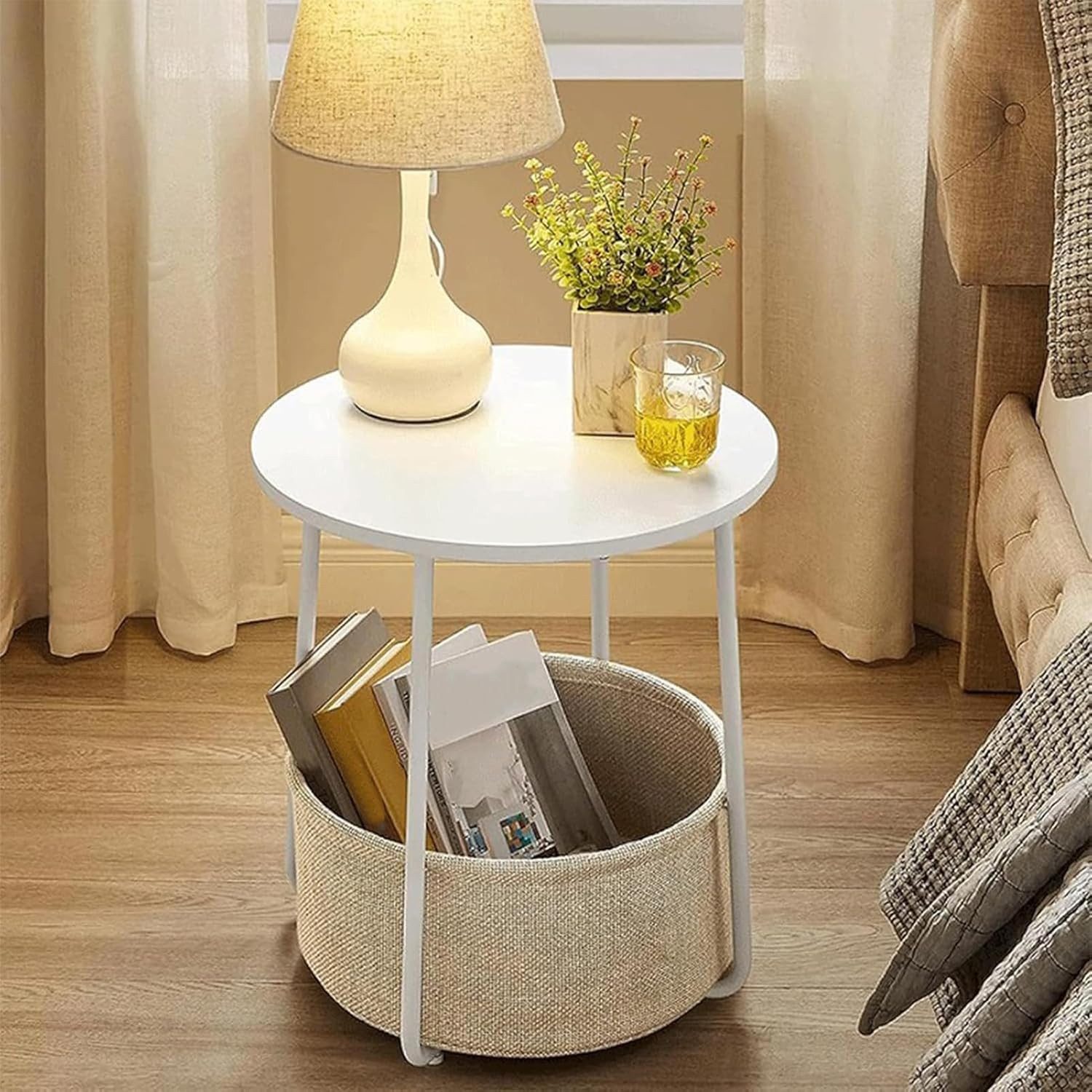 BlingBin Beistelltisch Runder kleiner Allzwecktisch in Weiß mit Stoff-Aufbewahrungskorb (1 Stück, 1-St., 45*45*50cm), Couchtisch & Nachttisch für Wohnzimmer und Schlafzimmer