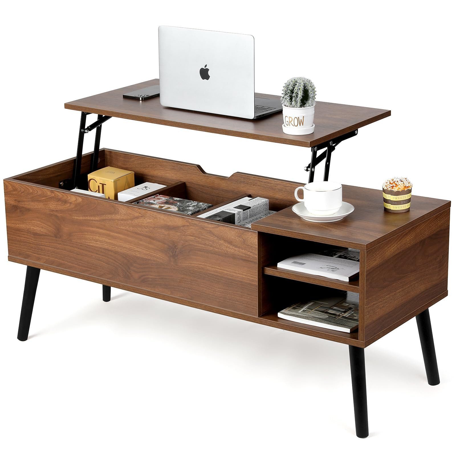 VOWNER Couchtisch Höhenverstellbar, mit Versteckten Fächern, Walnuss Farbe günstig online kaufen