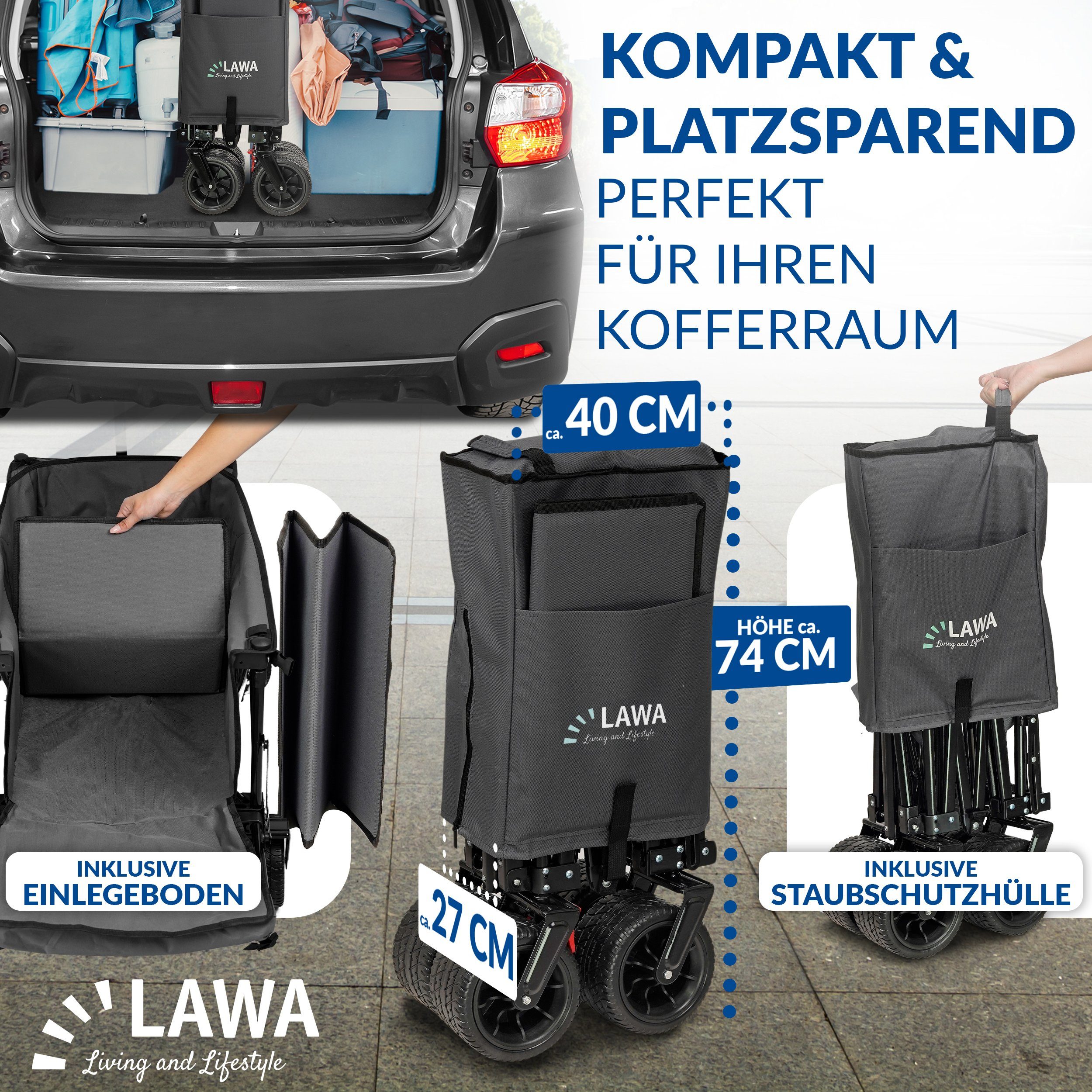 LAWA Living and Lifestyle Folding Wagon without Canopy with Brake, 100kg Load Capacity, 120cm Extendable Length (12.4kg Lightweight, Very Small Pack Size), Foldable Handcart, Rear Door, Grey