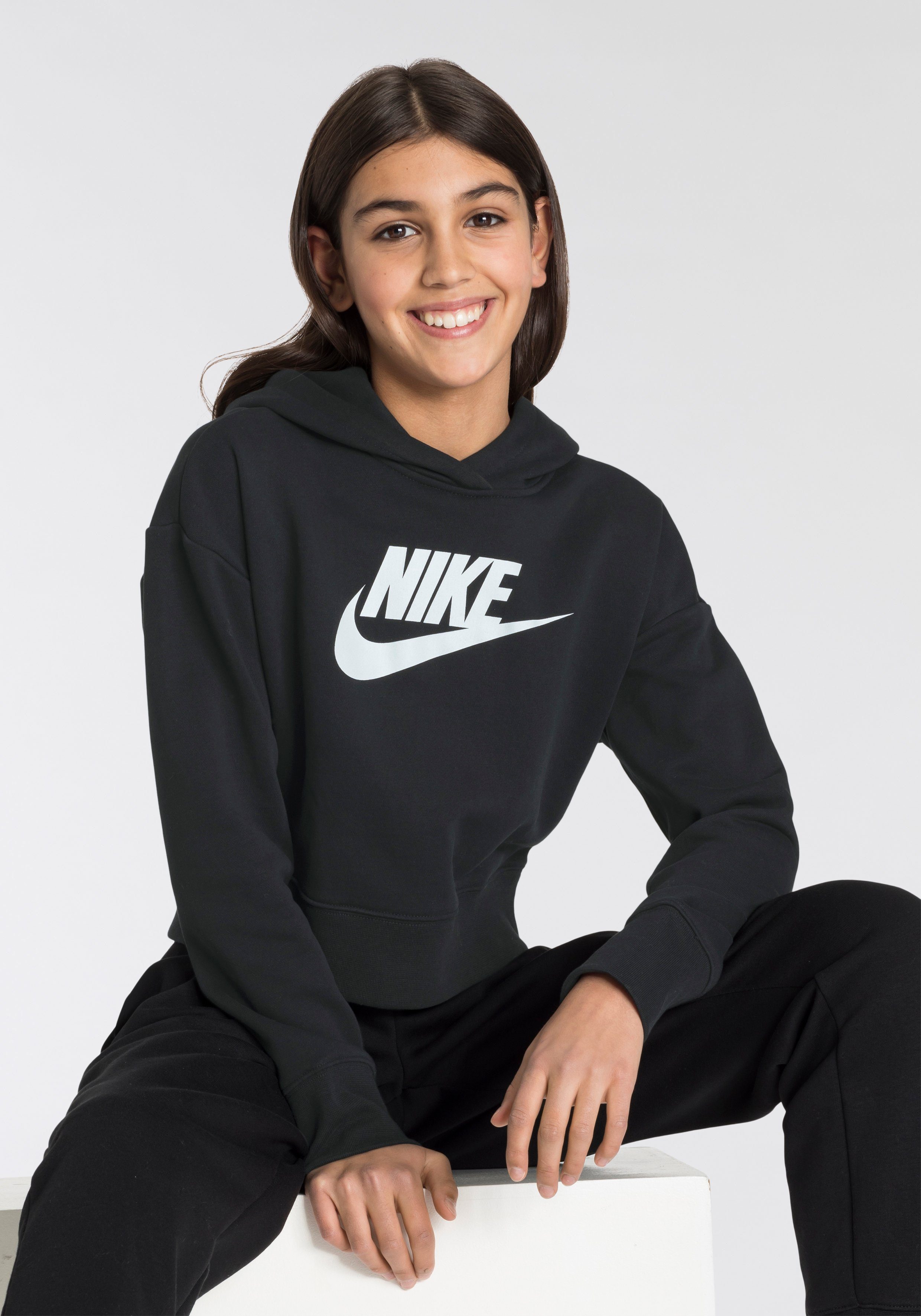 Cropped Hoodie Kids' Nike Sportswear Terry Club Big (Girls) French schwarz Kapuzensweatshirt