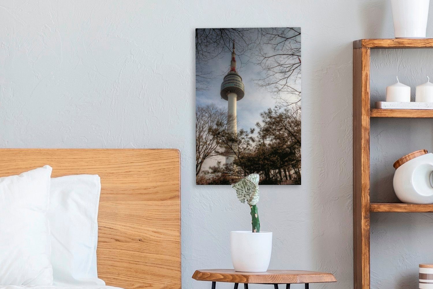 Gemälde, St), Tower fertig Zackenaufhänger, bespannt cm inkl. Leinwandbild OneMillionCanvasses® - Leinwandbild 20x30 N-Seoul (1 Bäume,
