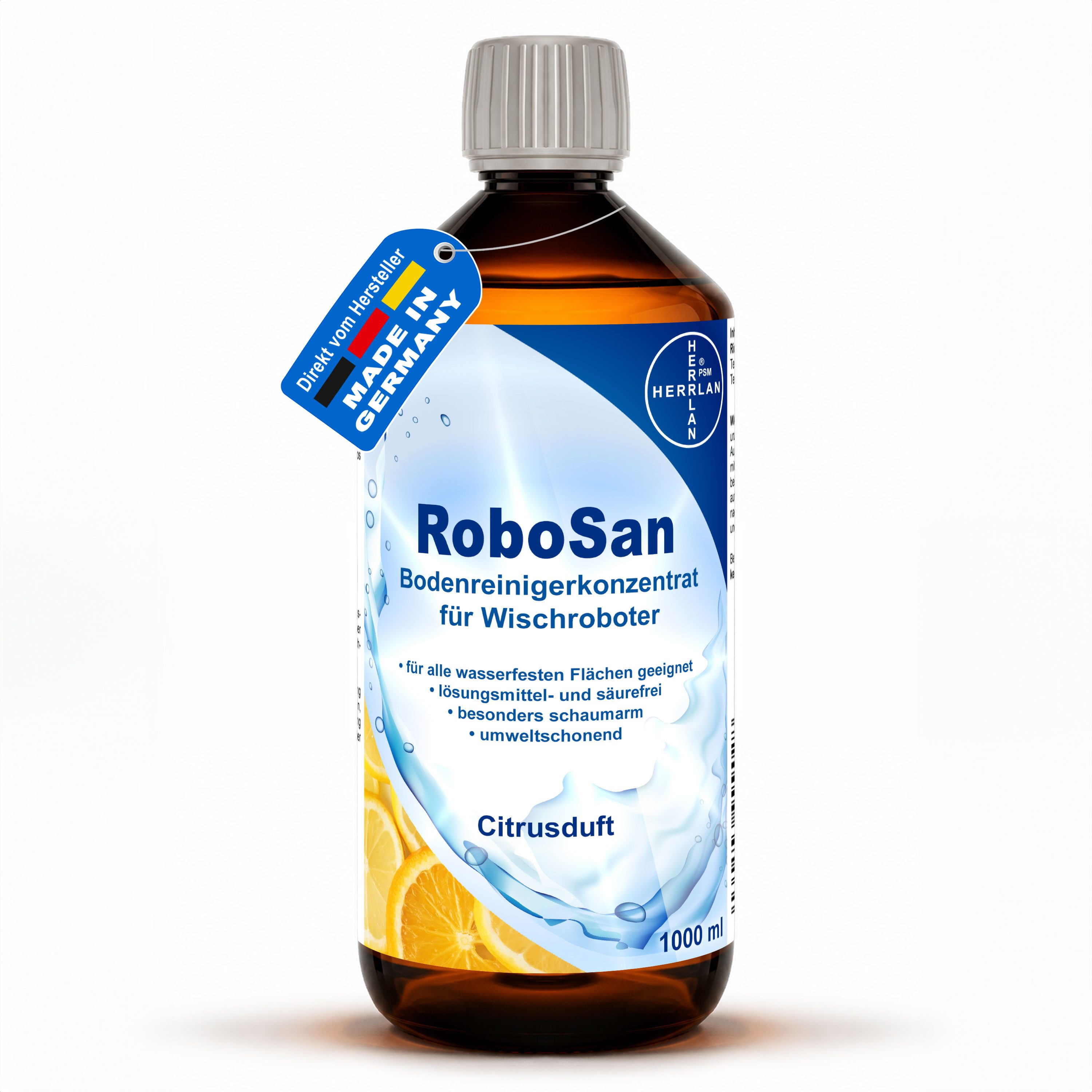 HERRLAN Wischroboter Bodenreiniger - Konzentrat Fussbodenreiniger (1000 ml RoboSan mit Citrus-Duft)