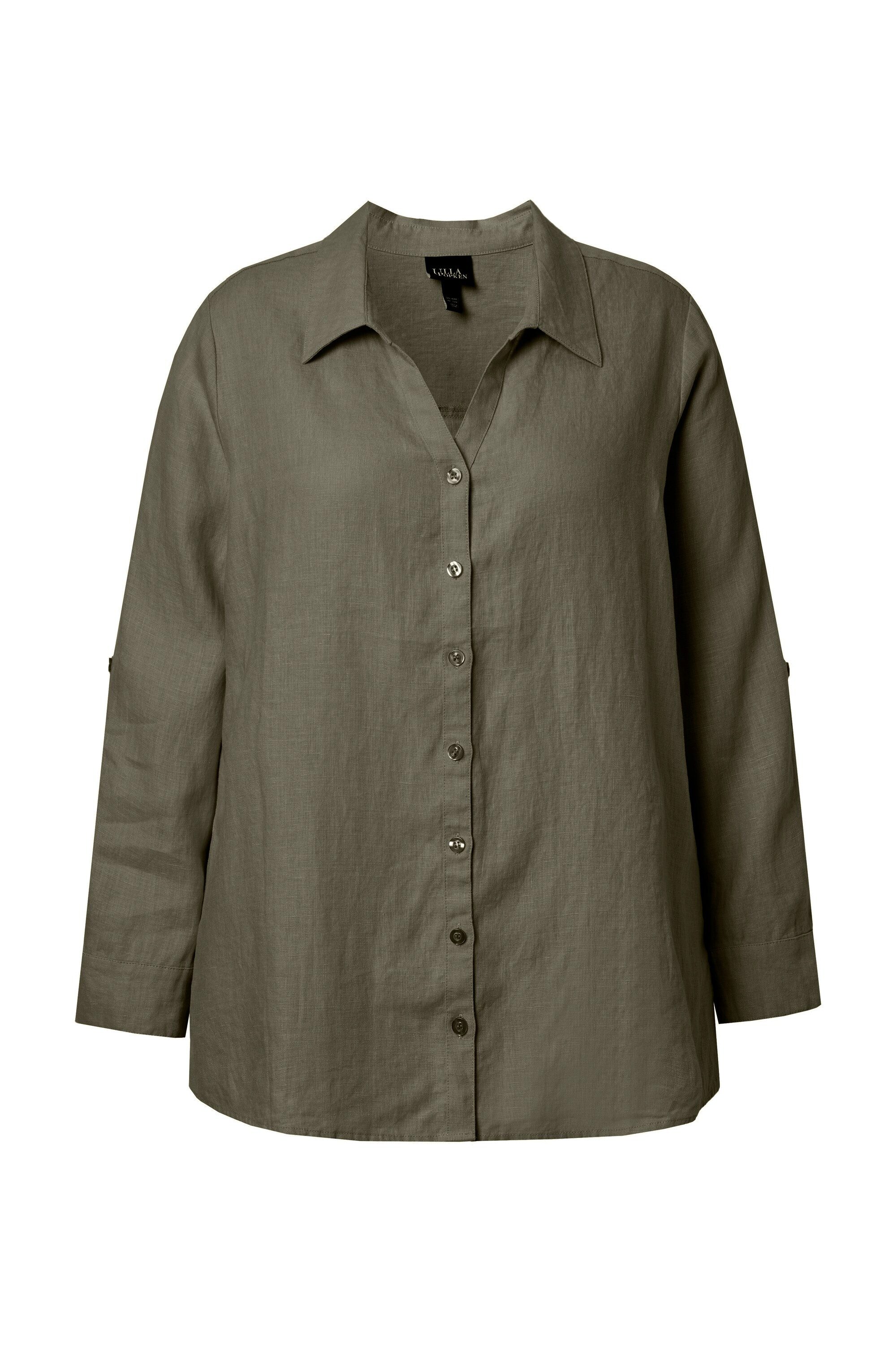 Ulla Popken Hemdbluse Bluse Leinen offener Kragen Langarm günstig online kaufen