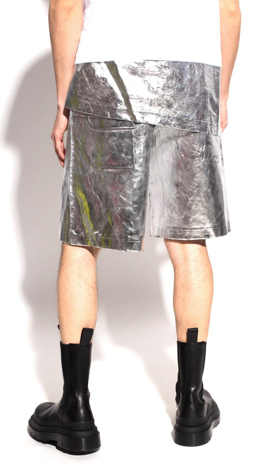 COMME des GARÇONS Shorts HOMME PLUS Distressed Silver Foil Made in Japan Deadstock Hose futuristische Rüstungen mit reflektierendes Aluminium