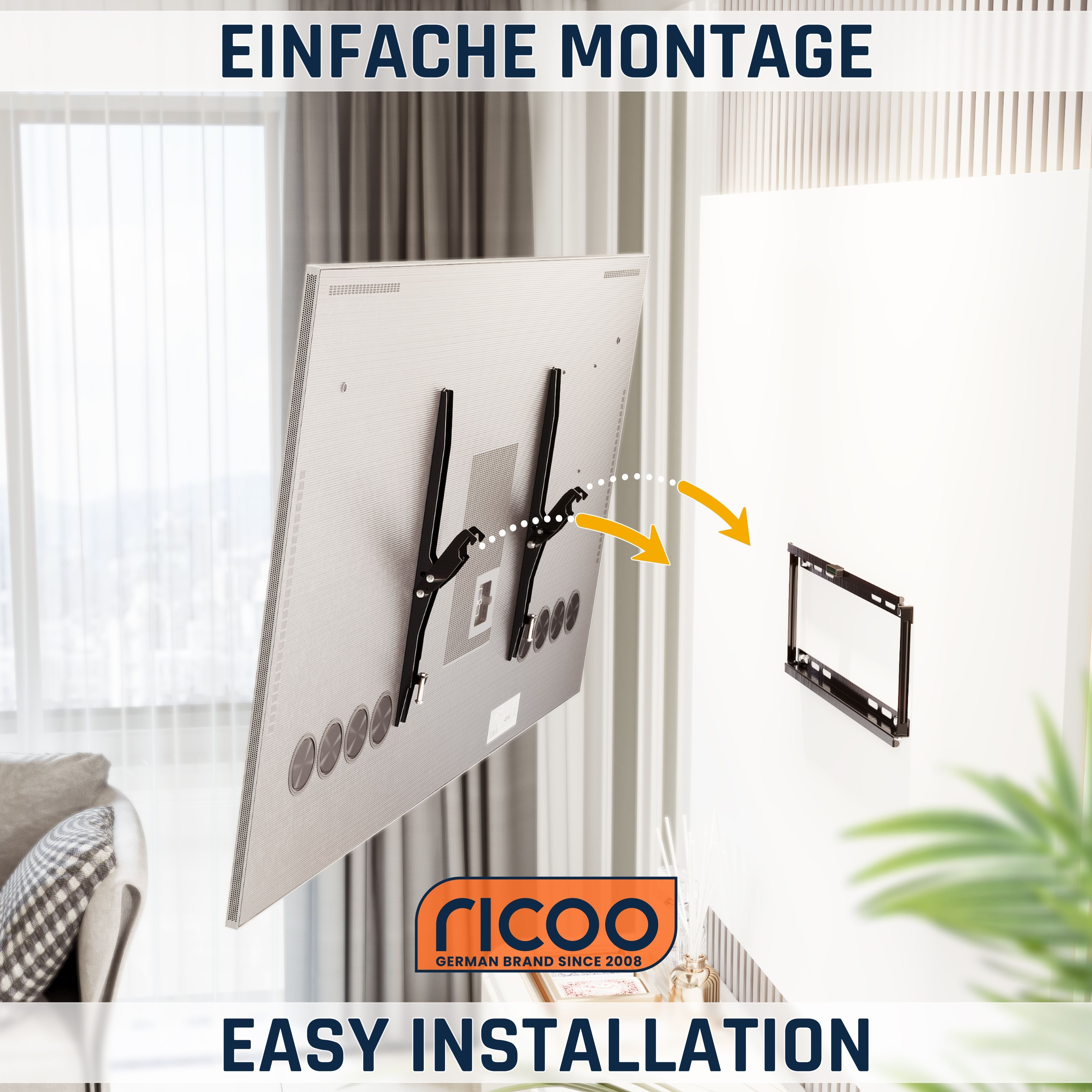 RICOO TV-Wandhalterung Stabile Wandhalterung für TV neigbar 40mm flach N1944, (bis 65 Zoll, VESA 200x200 bis 400x400, 1-tlg., 75 Kg Belastbarkeit, von 81-165 cm (32"-65) Bildschirm-Diagonale, flach neigbar +12°/-0° Wandabstand 40 mm ultraslim Wandhalter)