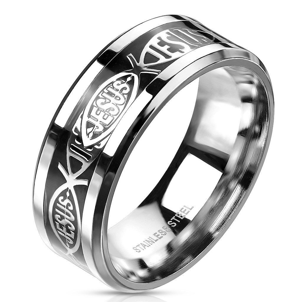 BUNGSA Fingerring 70 (22.3) Ring Jesus Fisch schwarz/silber aus Edelstahl Unisex (1 Ring)