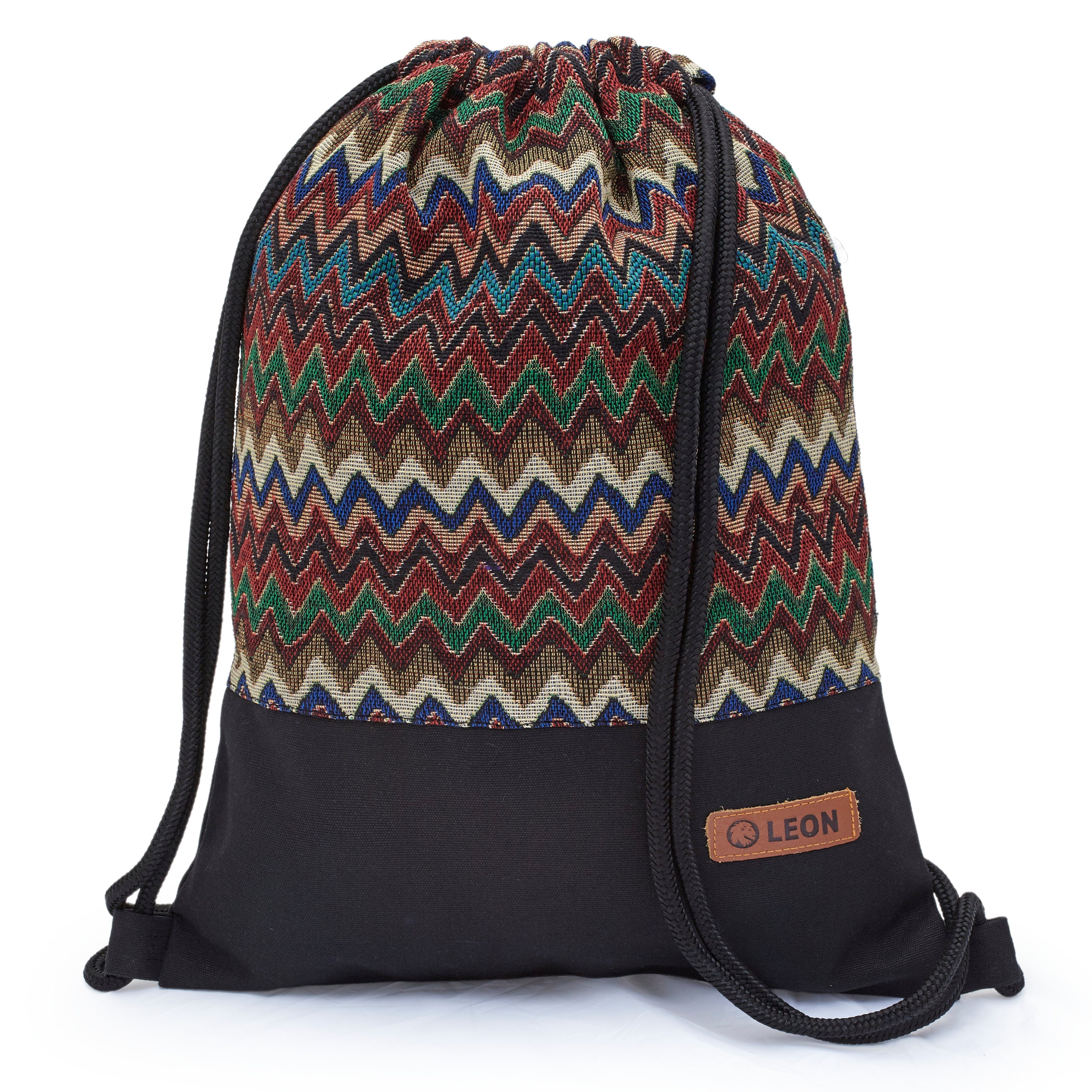 By Bers Freizeitrucksack Leon By Bers Turnbeutel (Tagesrucksack für Strand Sport Festival Freizeit Alltag Einkauf aus Baumwolle Innentasche Schlüsselband), robuste hochwertige Baumwolle - bestens verarbeitet BOHO_schwarz003