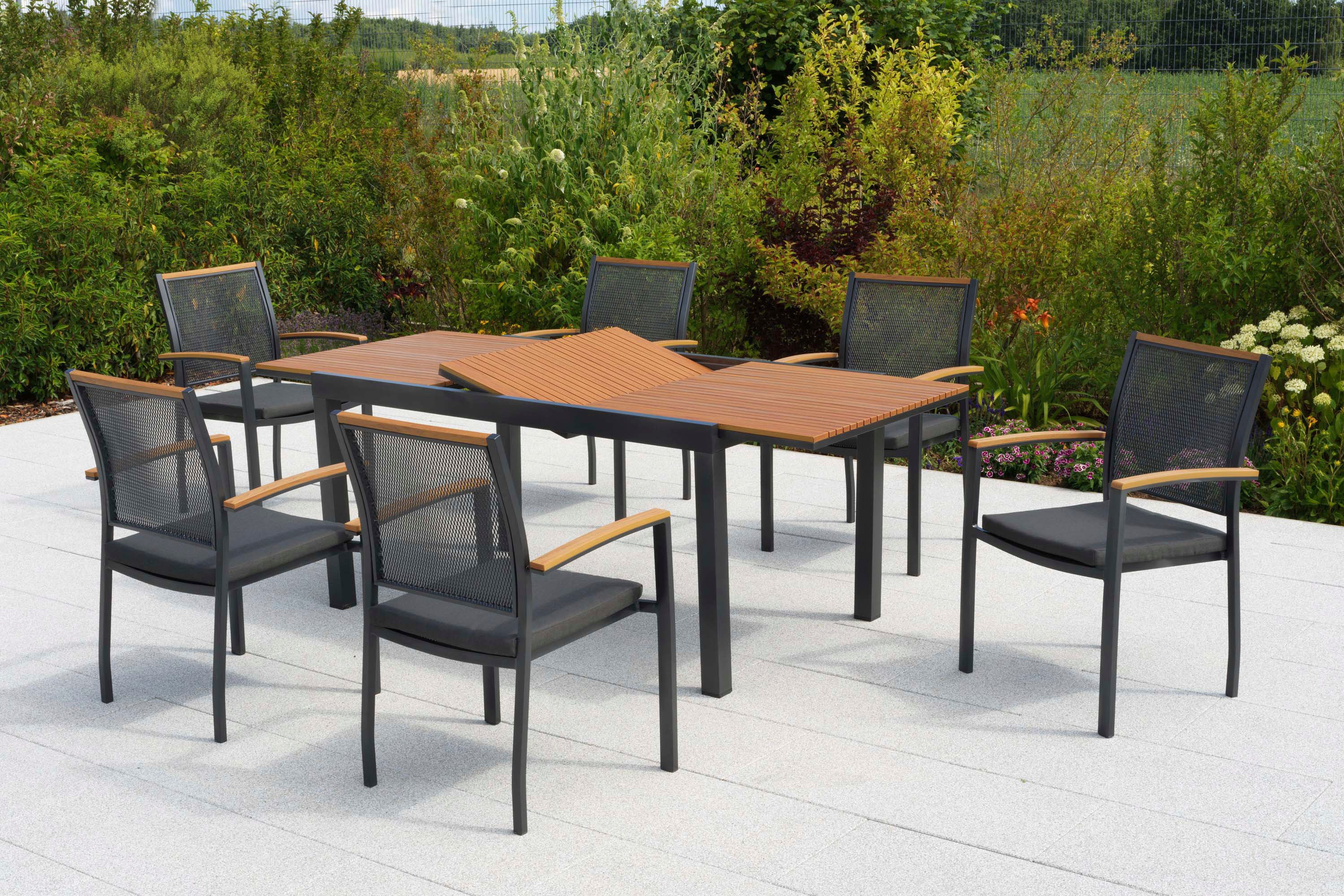 MERXX Garten-Essgruppe Itanos, (Set, 13-tlg), inkl. 6 Stapelsessel. 6 Auflagen, 1 Ausziehtisch