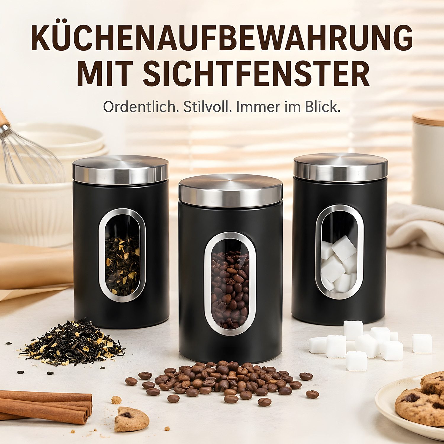 HEYHIPPO Kaffeedose 3er Set Kaffeedosen Edelstahl – luftdicht, mit Sichtfenster, 17,5×11cm, (Set, zur Aufbewahrung von Kaffee, Tee, Zucker, für Küche & Vorrat), – Bild 4 von 5