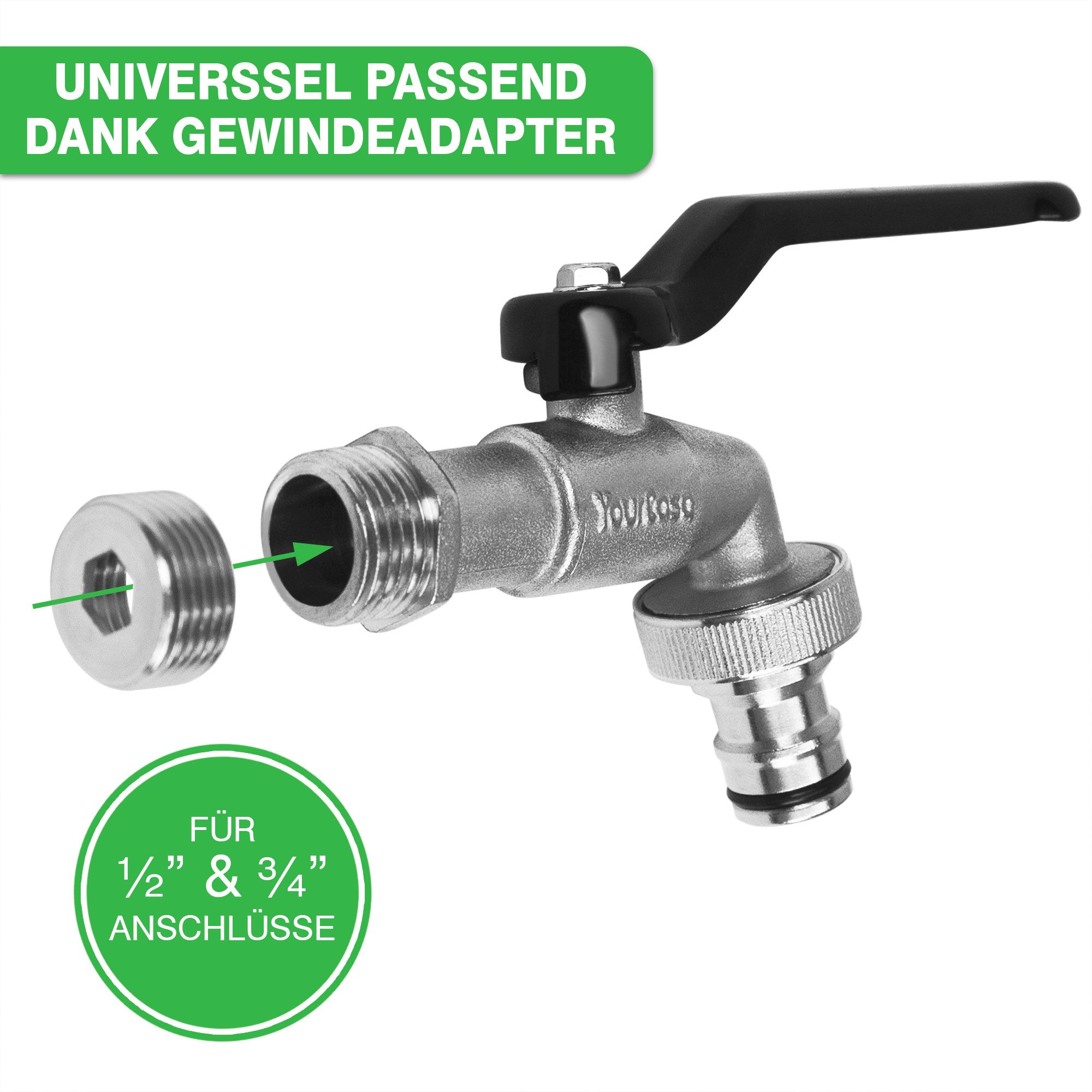 YourCasa Absperrventil Wasserhahn Garten 1/2 Zoll & 3/4 Zoll aus Messing, Messing, Schnellkupplung, Adapter auf 3/4 Zoll
