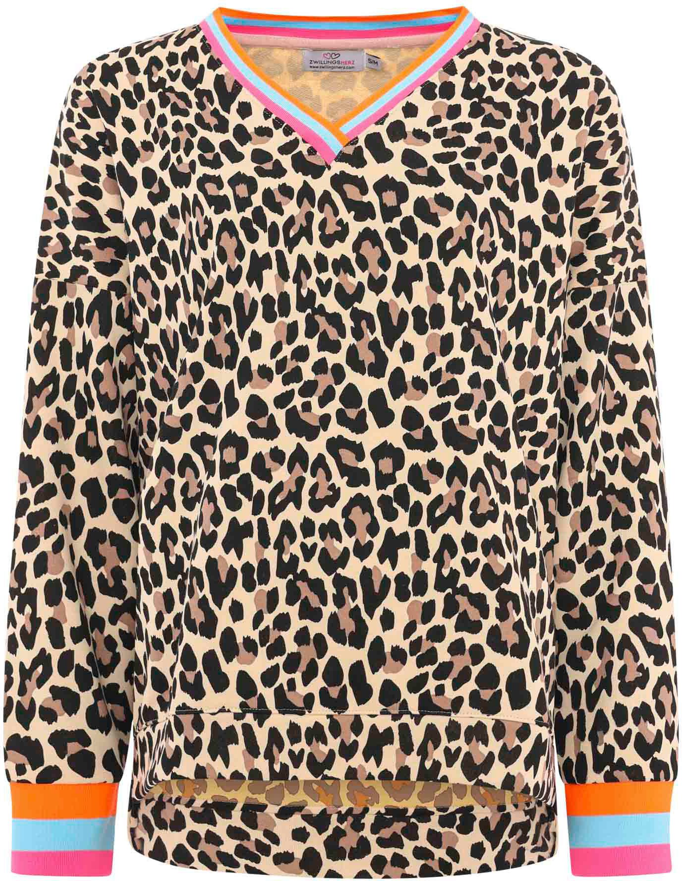 Zwillingsherz Sweatshirt "Leo Allover Neon Kante" mit trendiger Leo-Optik, Vokuhila-Schnitt und neonfarbenen Details