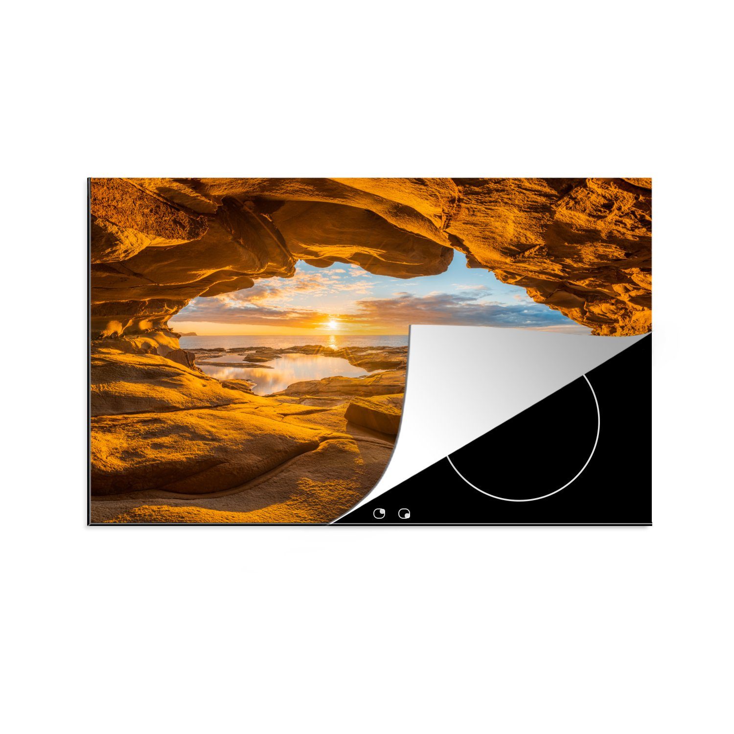 MuchoWow Herdblende-/Abdeckplatte Höhle - Meer - Horizont - Sonnenuntergang, Vinyl, (1 tlg), 81x52 cm, Ceranfeldabdeckung, Arbeitsplatte für küche