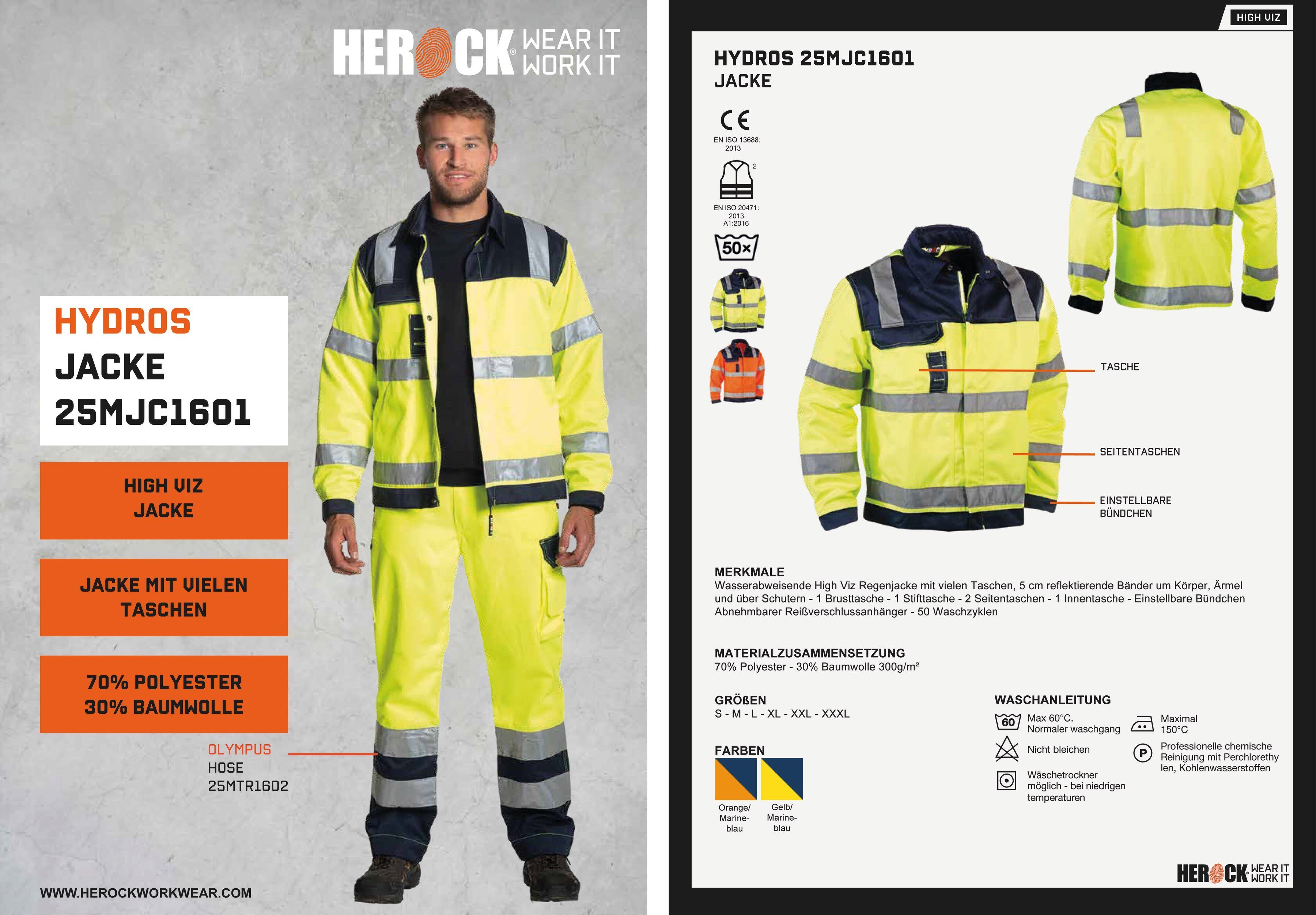 Herock Arbeitsjacke Hydros eintellbare Hochsichtbar Bündchen, Taschen, Bänder Hochwertig, 5 Jacke 5cm gelb reflektierende