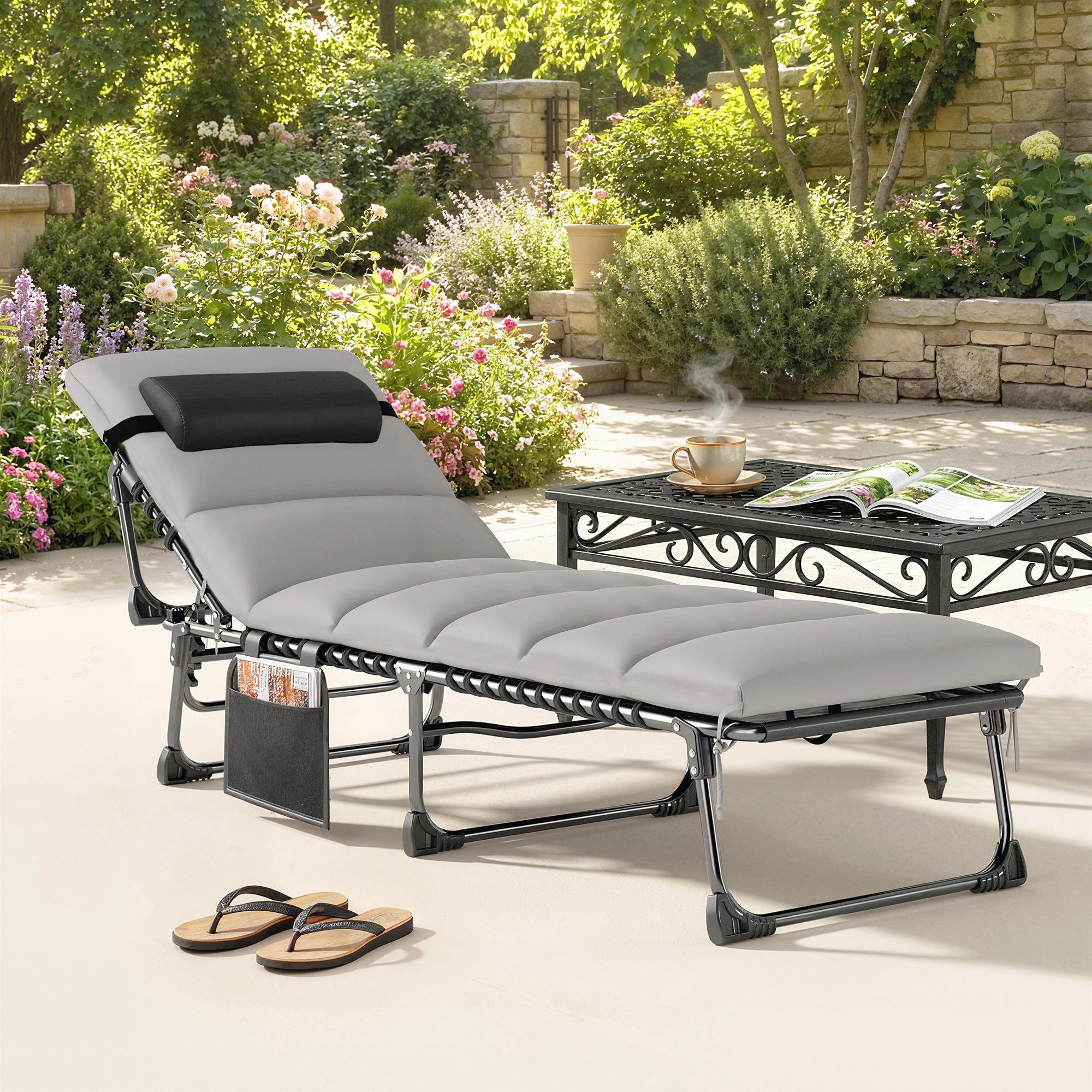 Outsunny Gartenliege mit 5-fach Verstellbar Rückenlehne, gepolsterter Matratze, Kopfstütze, Liegestuhl, 1 St., Sonnenliege, für Garten Terrasse Pool