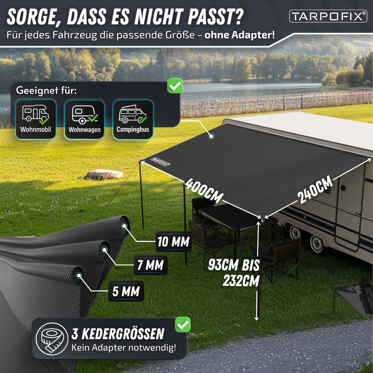 Tarpofix® Vorzelt Sonnensegel Wohnwagen mit Keder & LED-Lichterkette, Größe 400 x 240 cm – 420D Oxford, UV 60+, Multikeder