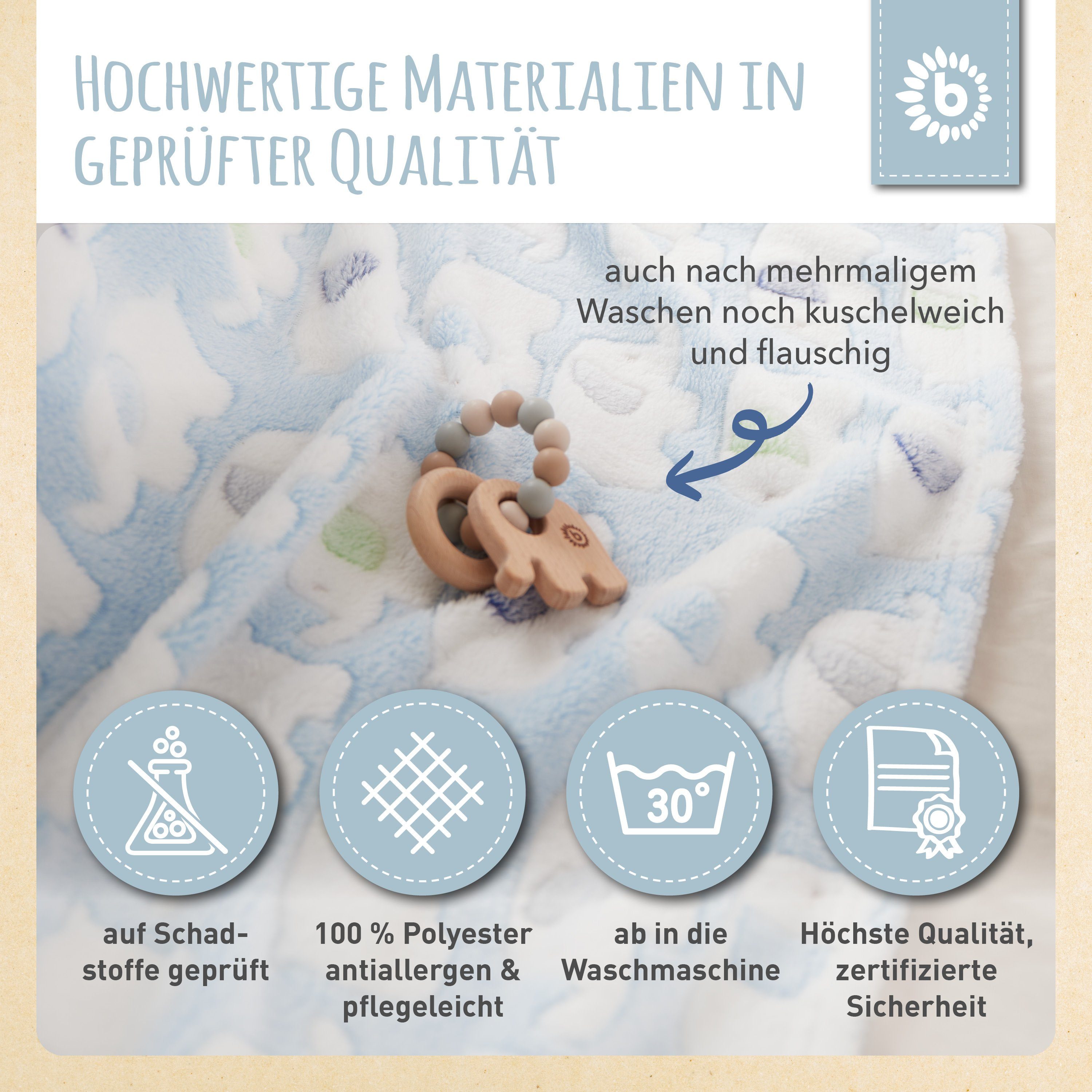 Krabbeldecke Bieco Babydecke Jungen Blau Elefanten Kuscheldecke Baby Blanket Decke, BIECO – Bild 5 von 5