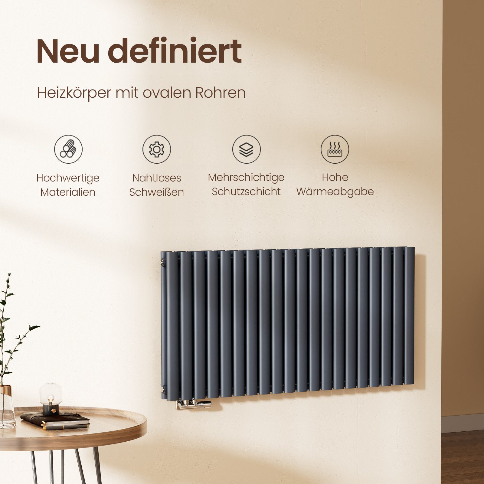 Emke Heizkörper Oval Röhrenheizkörper für Warmwasserbetrieb 120x60cm 1828W günstig online kaufen