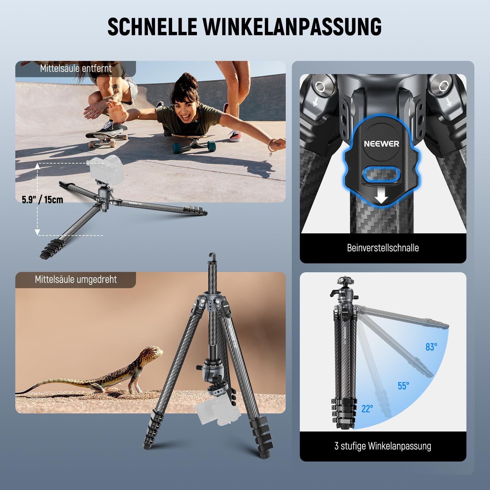 Neewer LT38 Carbon Kamera Reisestativ 61", Höhenverstellbar 46-155 cm Kamerastativ (mit 360° Kugelkopf und 1/4" Befestigungsschraube, Arca QR Platte) – Bild 4 von 5