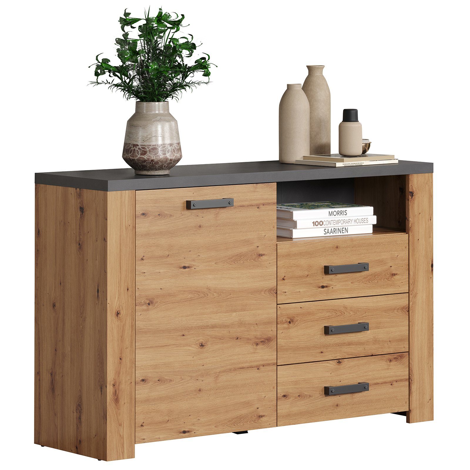 trendteam Kommode Sideboard Follow, TV-Schrank Anrichte Lowboard Fernseher Natur/Anthrazit 127x83x40cm