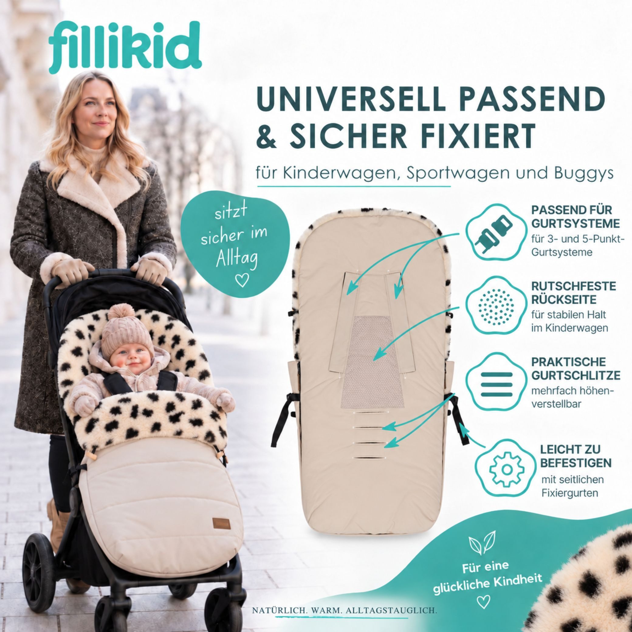 Fillikid Fußsack Winterfußsack Bernina Lammfell Exklusiv, Warmer Winterfußsack mit echtem Merino-Lammfell wasserabweisend und – Bild 5 von 5