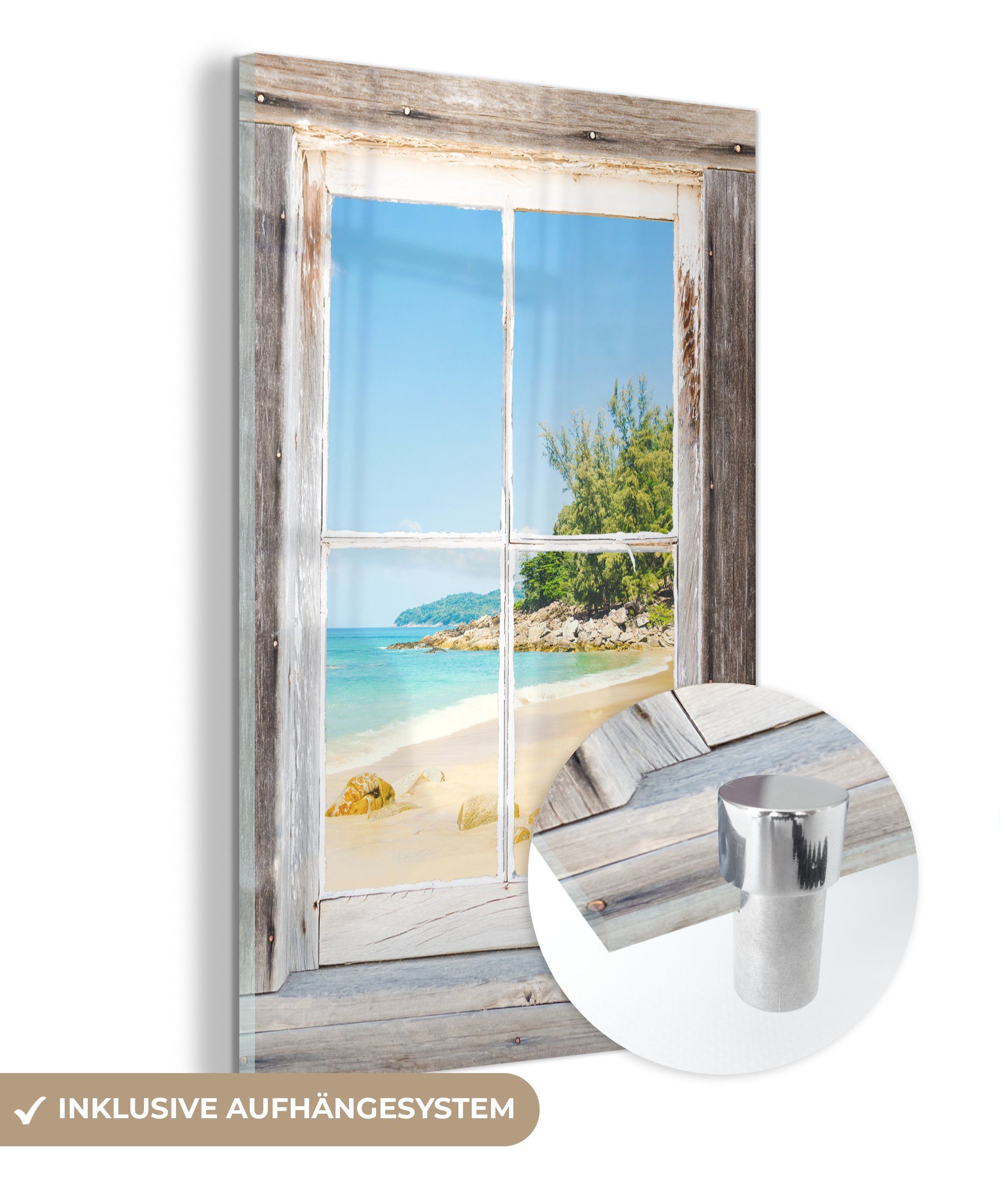 MuchoWow Acrylglasbild Durchblick - Strand - Holz, (1 St), Glasbilder - Bilder auf Glas Wandbild - Foto auf Glas - Wanddekoration