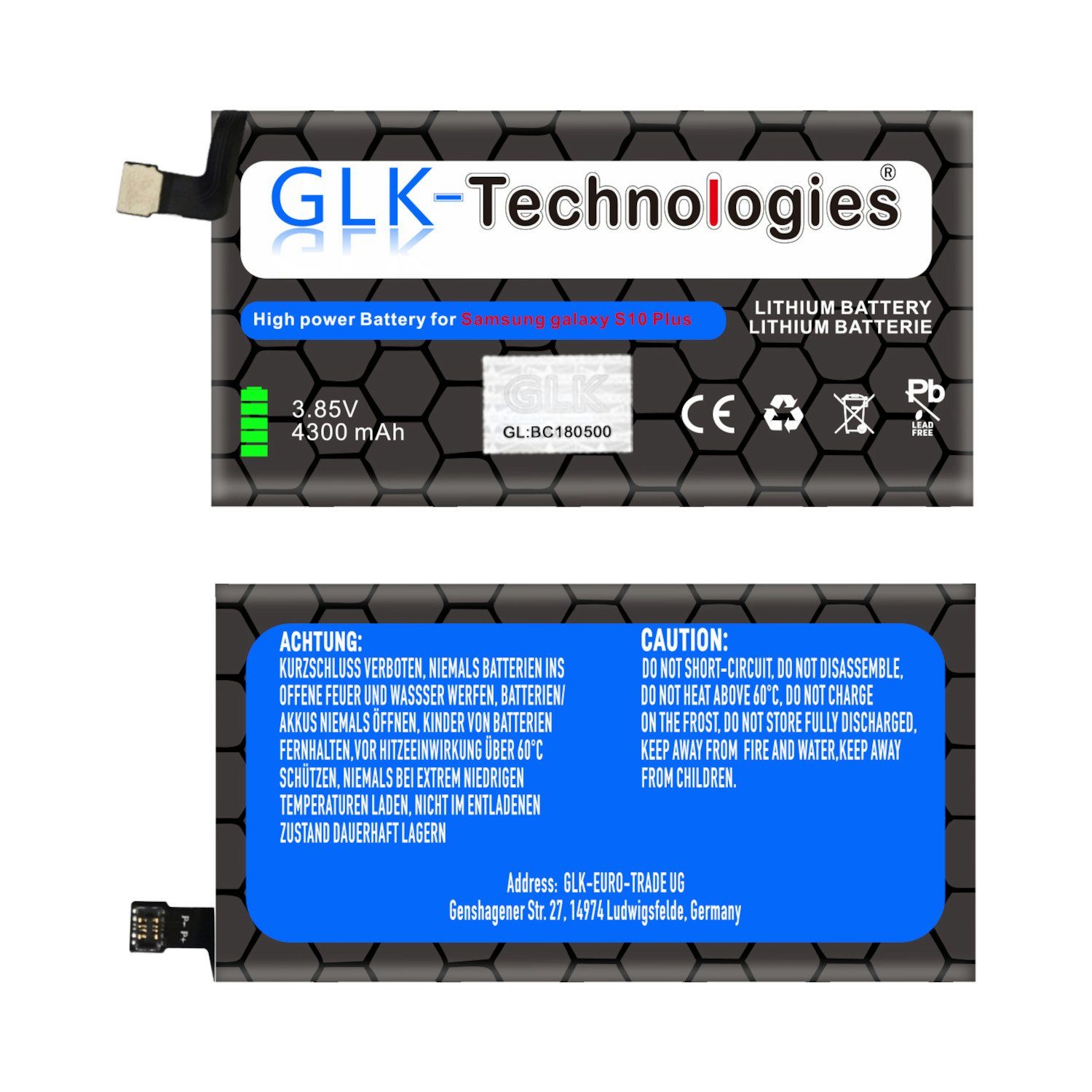 S10 Smartphone-Akku Set High Power Samsung 4450 GLK-Technologies Ohne Plus Galaxy kompatibel Ersatzakku mit mAh S10+
