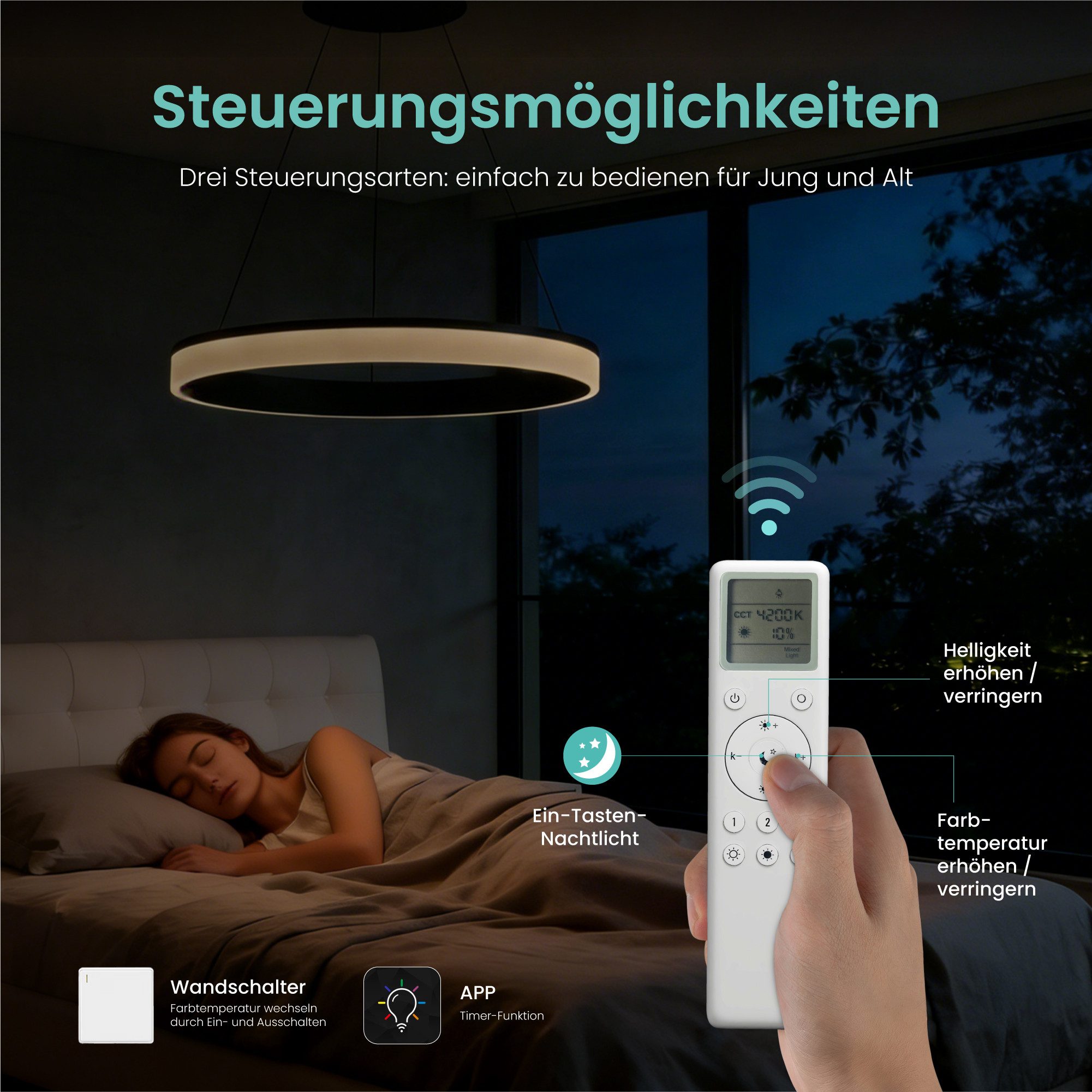 Mai & Mai Pendelleuchte Hängelampe LED-pendellampe 20W/30W stufenlos dimmbar Luvina02, LED-Deckenlampe mit drei Bedienungsmöglichkeiten – Bild 3 von 5