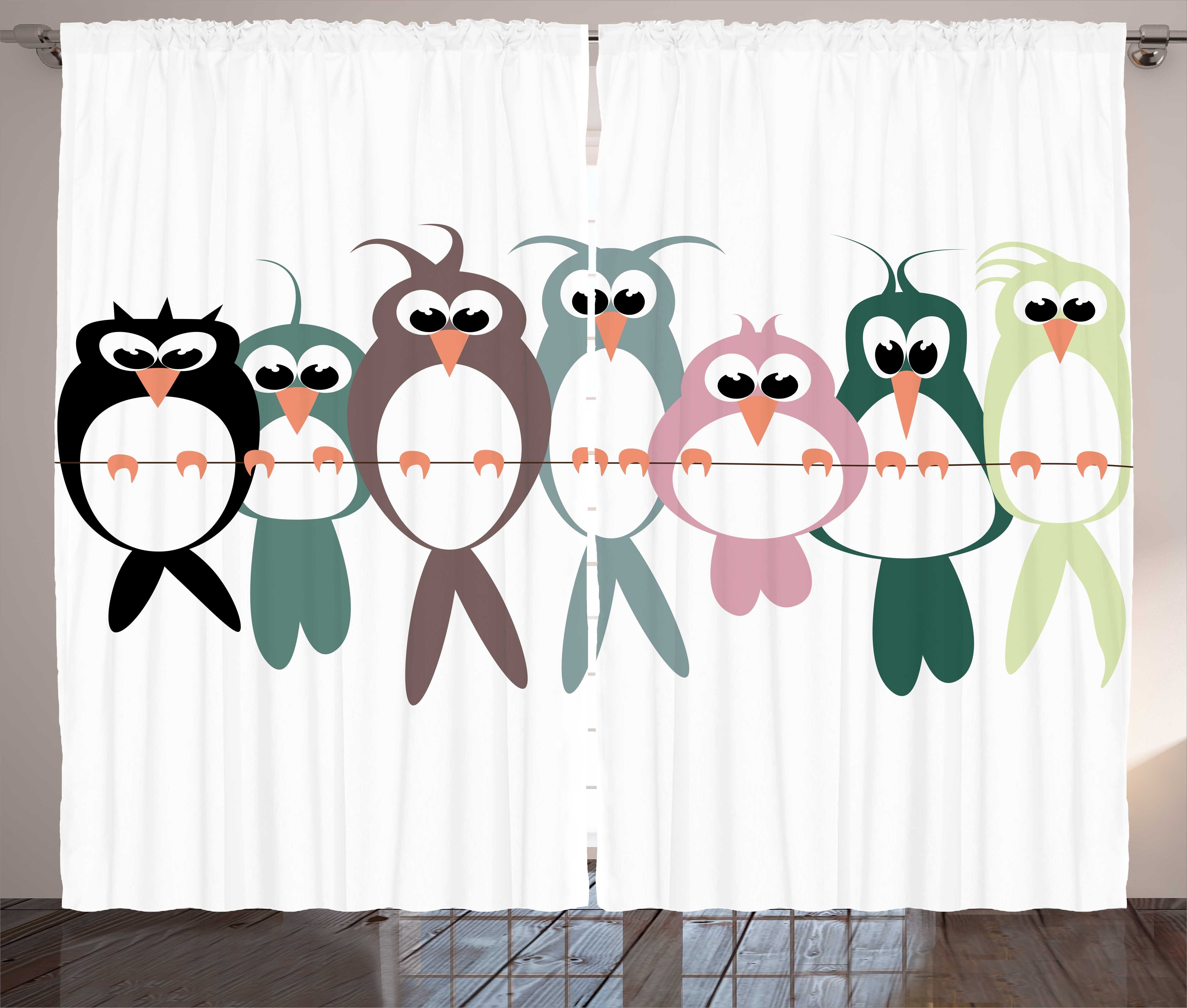 Gardine Schlafzimmer Kräuselband Vorhang mit Schlaufen und Haken, Abakuhaus, Vogel auf dem Drahtseil Cartoon Avian Tier