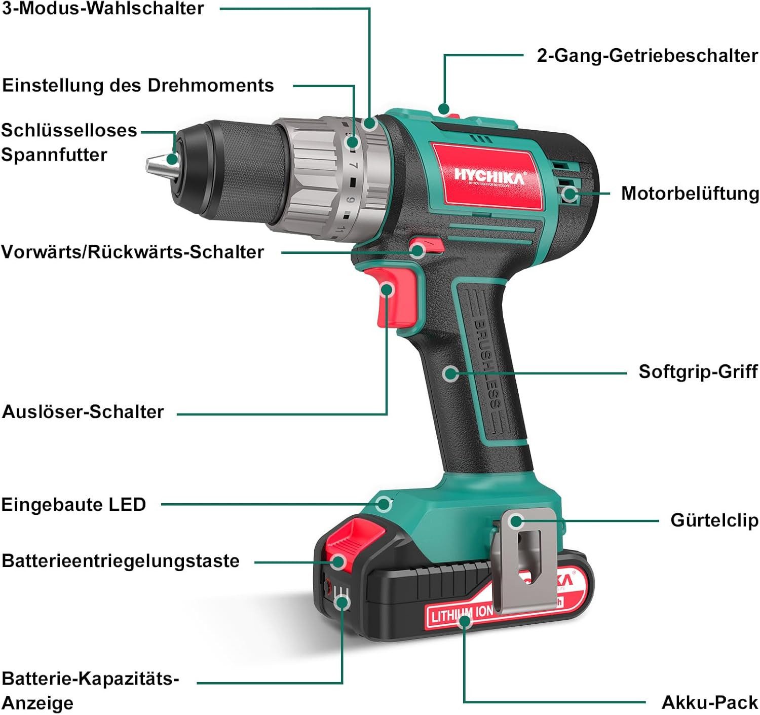 HYCHIKA Bohrmaschine HYCHIKA Cordless Screwdriver 60 Nm Max, 18 V Drill