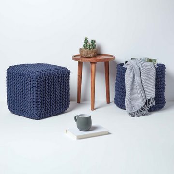 Homescapes Pouf Gestrickter Sitzwürfel 100% Baumwolle, marineblau