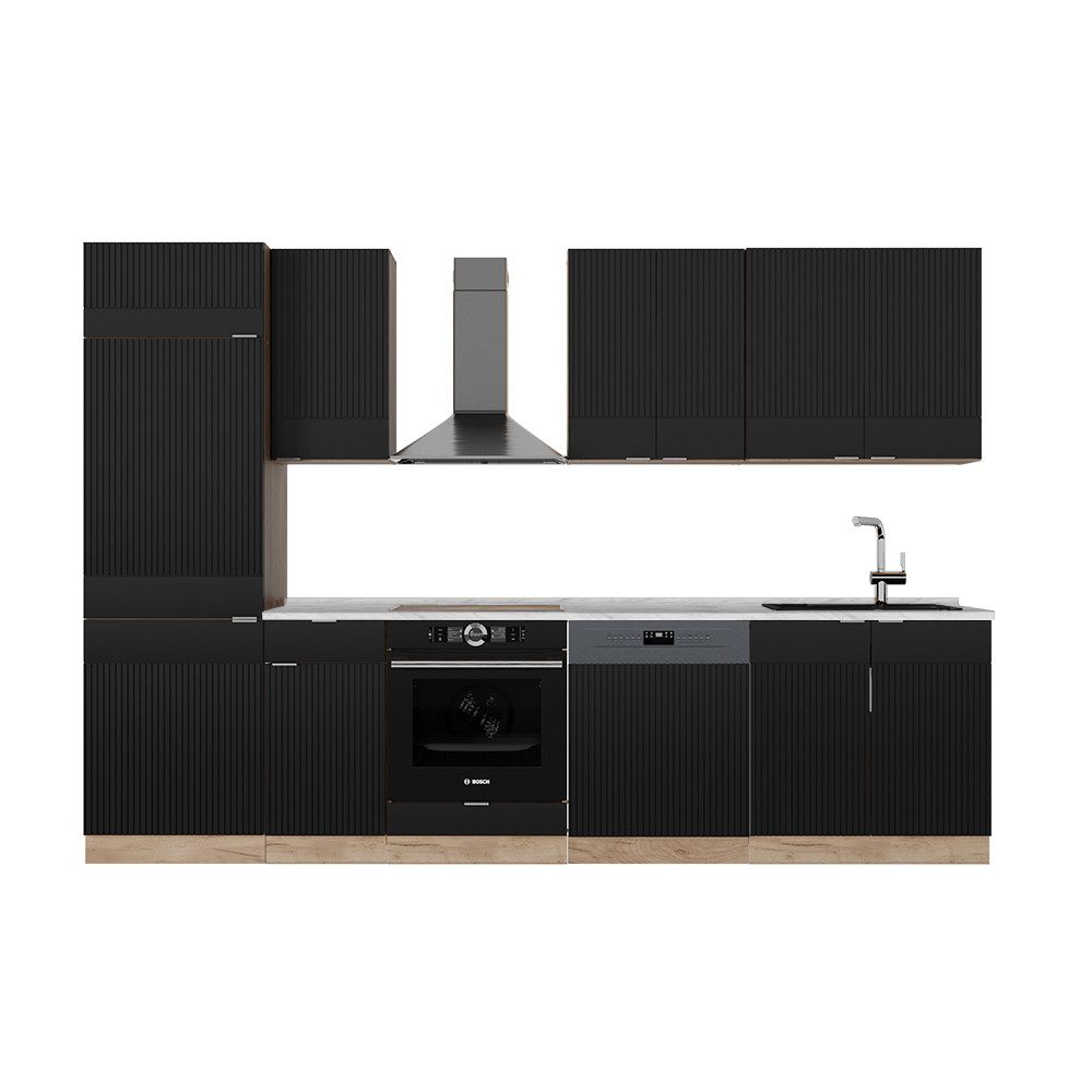 Vicco Küchenzeile Fame-Line, Schwarz gestreift/Goldkraft Eiche/Goldkraft Eiche, 300 c...