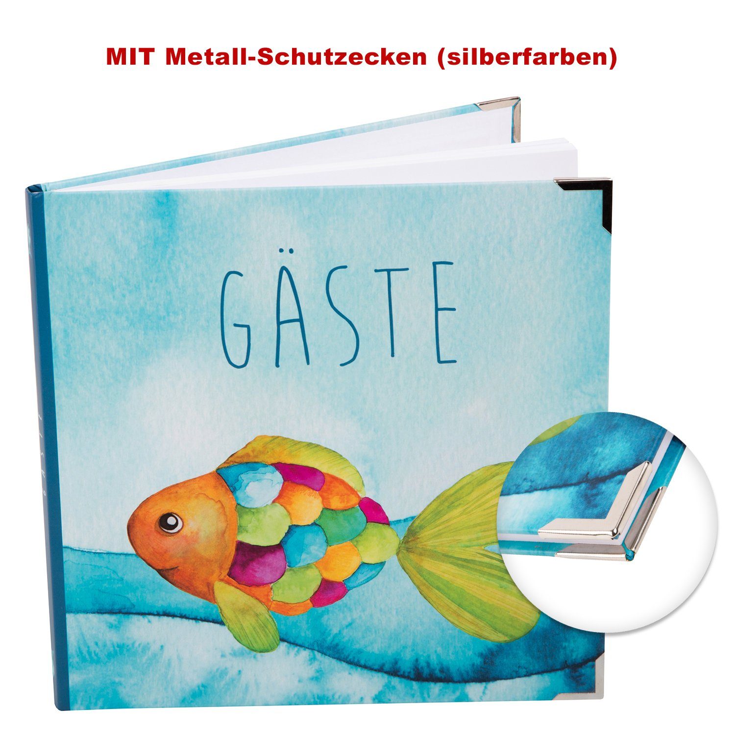 Tagebuch mit Metallecken 21x21 Regenbogenfisch Logbuch-Verlag Gästebuch cm