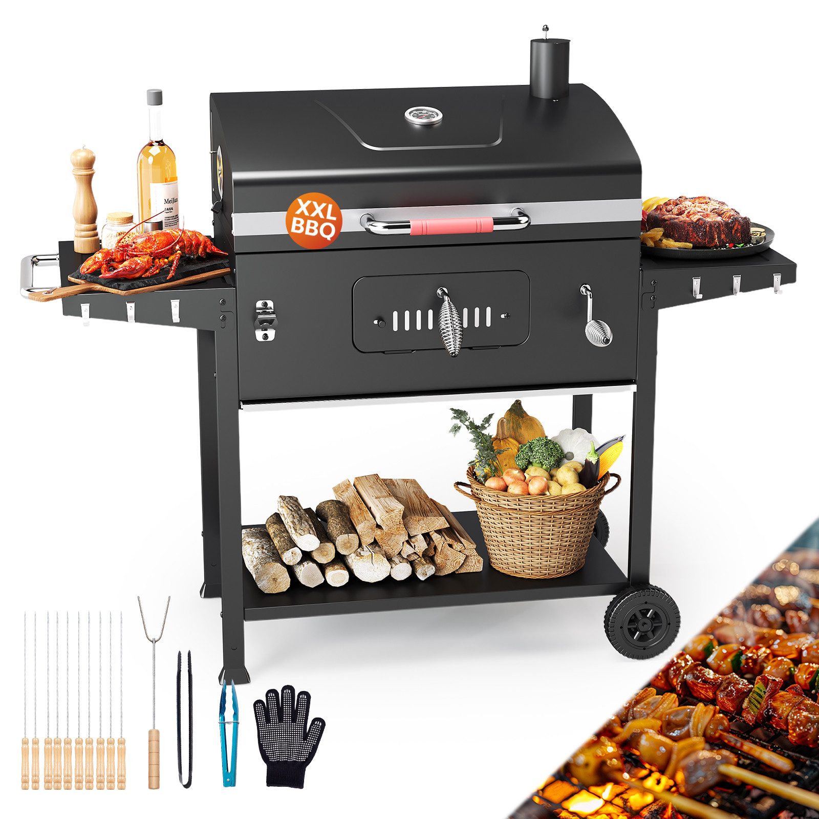 GUNJI Holzkohlegrill XXL Grillwagen Smoker mit Thermometer, klappbare Ablagen & Rädern, Gartengrill mobiler Grill Outdoor Grill, Doppel-Seitenablagen, Grillfläche:71 x 43 cm für 8-12 Personen