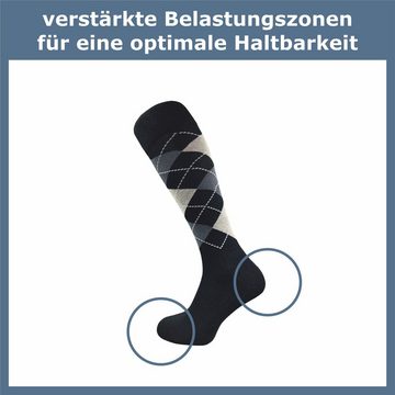 GAWILO Kniestrümpfe für Damen & Herren mit Plüschsohle zum Reiten, Wandern oder Alltag (4 Paar) Reitsocken in schwarz und kariert - mit Baumwolle & Komfortbund