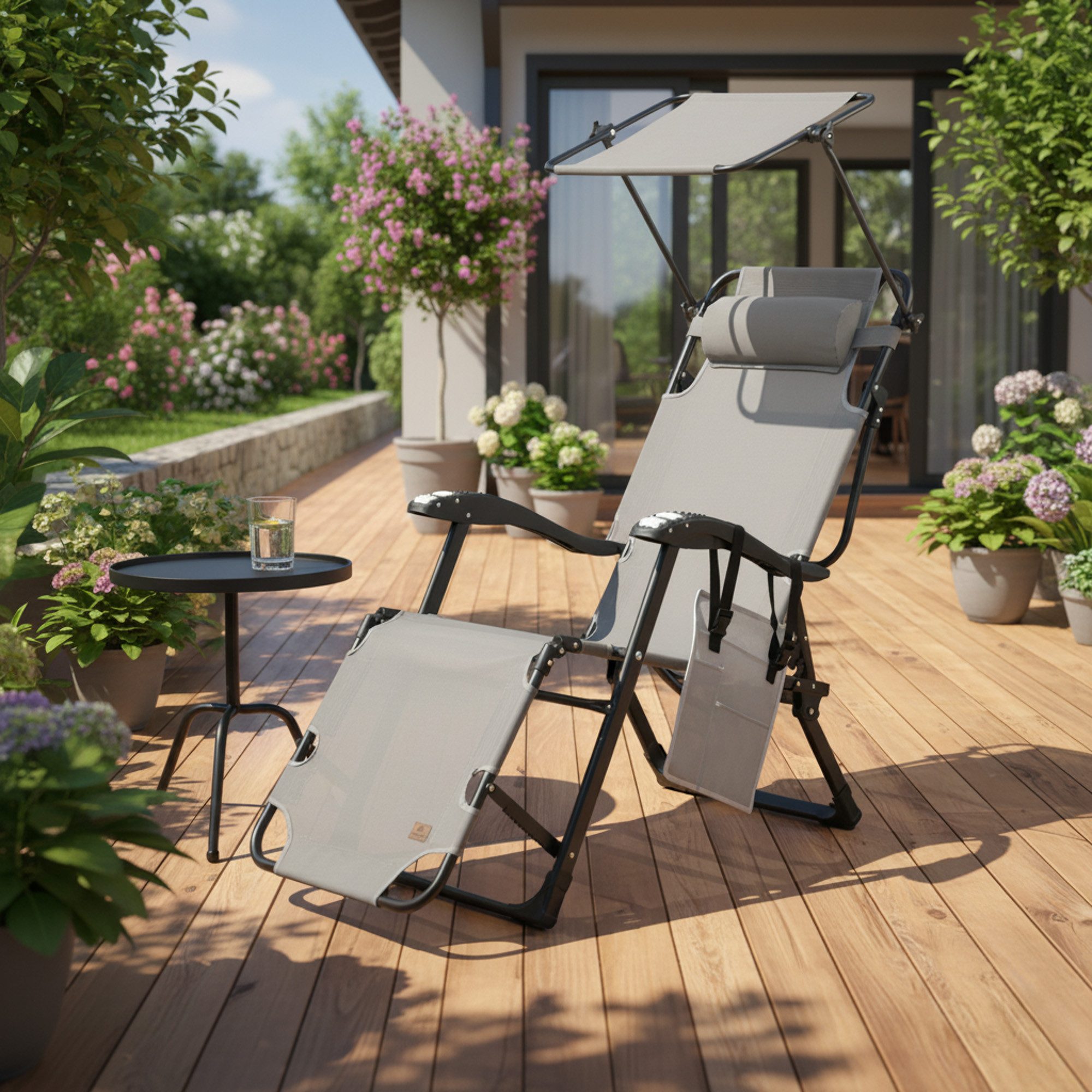 CampFeuer Gartenliege Sonnenliege mit Dach, Grau, Campingliege, Liegestuhl, Gartenstuhl, Klappbar – Bild 2 von 5