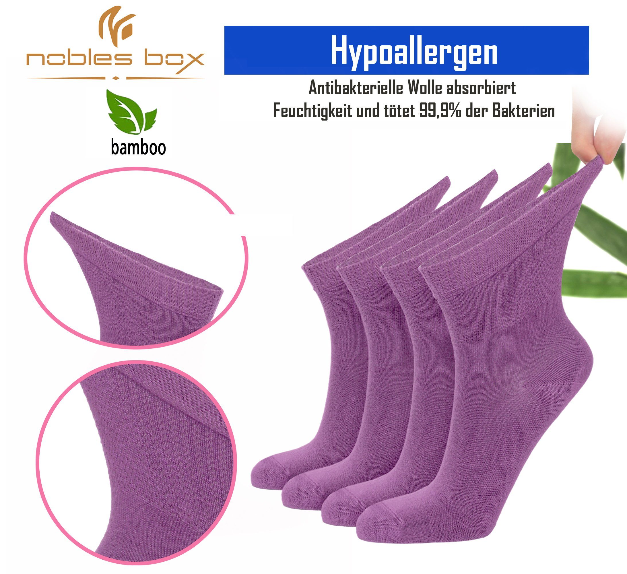 NoblesBox Diabetikersocken Damensocken (Beutel, Violett Bambussocken 4 Paar)