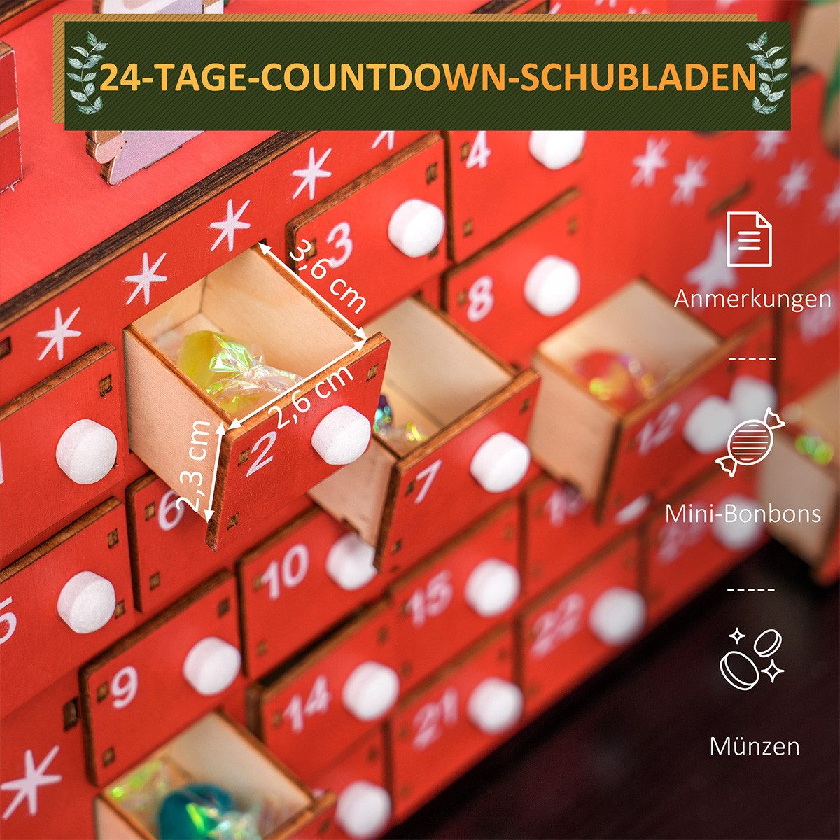 XDeer Adventskalender Weihnachtskalender mit 24 Schubladen Weihnachtsmann, mit Schlitten Adventskalender 22,5 x 8 x 36 cm Rot