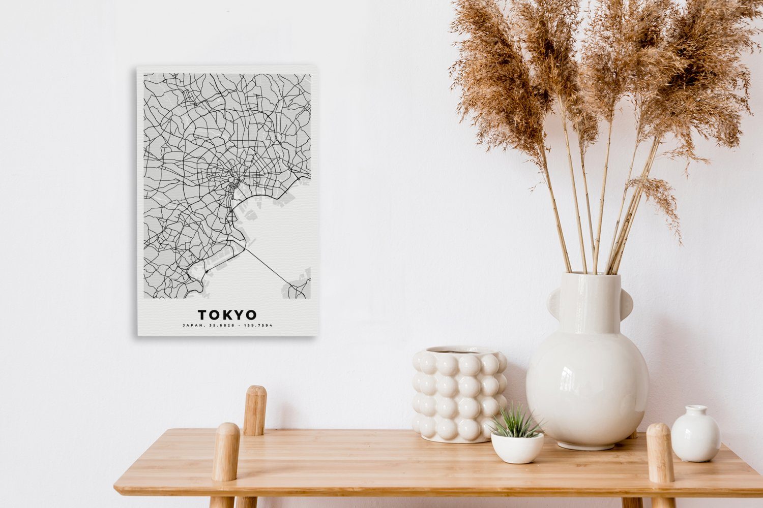 Stadtplan weiß Tokio bespannt - fertig (1 inkl. und Zackenaufhänger, Leinwandbild Gemälde, Karte, Schwarz - OneMillionCanvasses® St), - 20x30 Leinwandbild cm