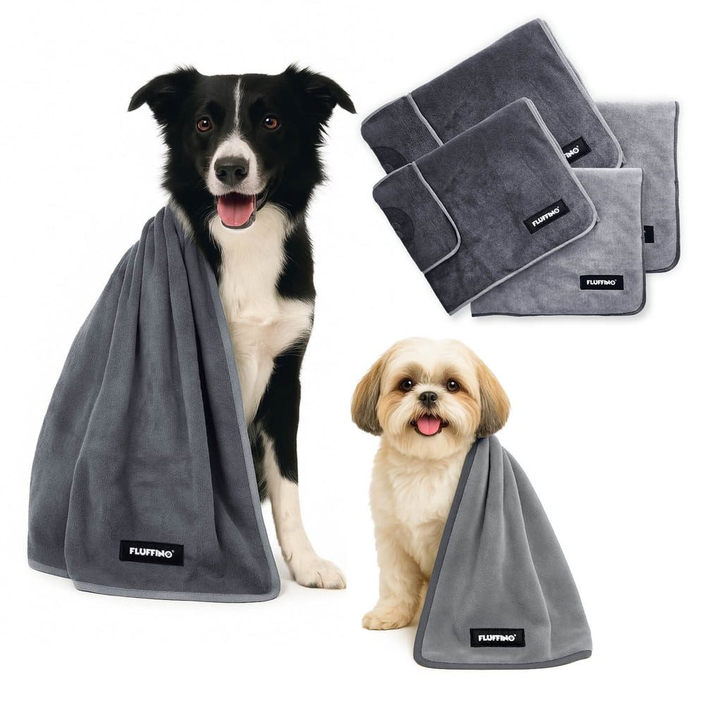 FLUFFINO® Hundehandtuch 4er Set - 2x S/L Hunde Abtrocknen Trockentuch saugfähig - Grau, (4-St), Waschbar bei 60°C, schnell trocknendes Mikrofaser-Handtuch