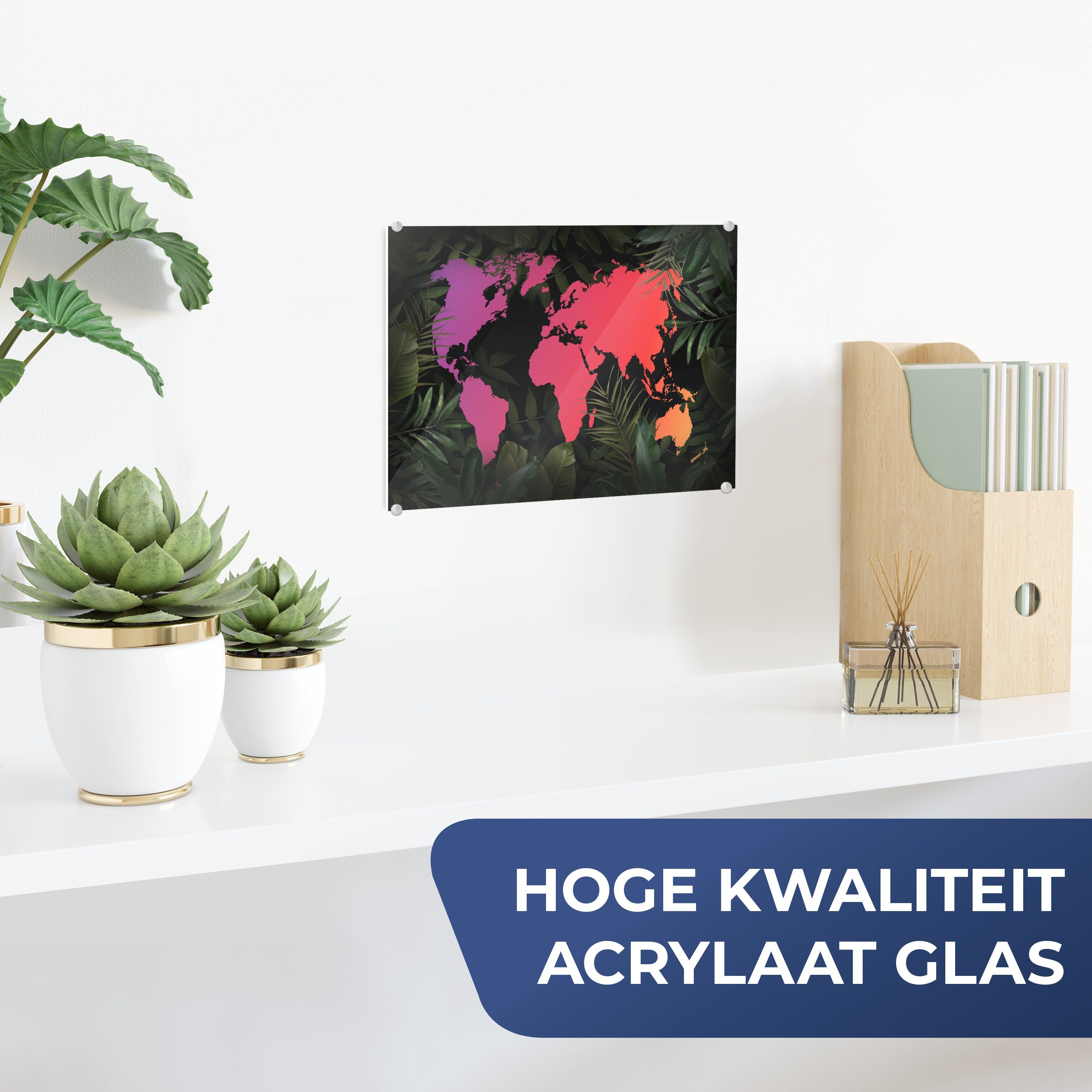 - Weltkarte - (1 auf Farben Bilder Pflanzen, - - Foto Glas Glas St), MuchoWow Glasbilder auf Wanddekoration Wandbild - Acrylglasbild