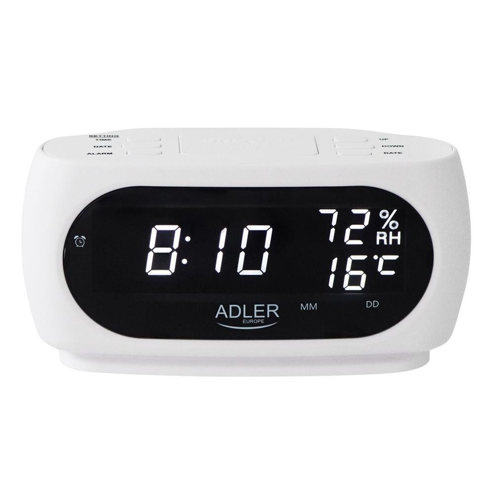 Adler Wecker AD 1186 mit Thermometer, Datum, Luftfeuchtigkeit, LED, Batterie, weiß