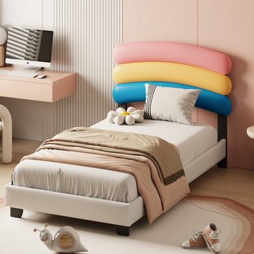Flieks Polsterbett, Kinderbett Einzelbett mit Regenbogen Kopfteil 90x200cm Kunstlederbezug