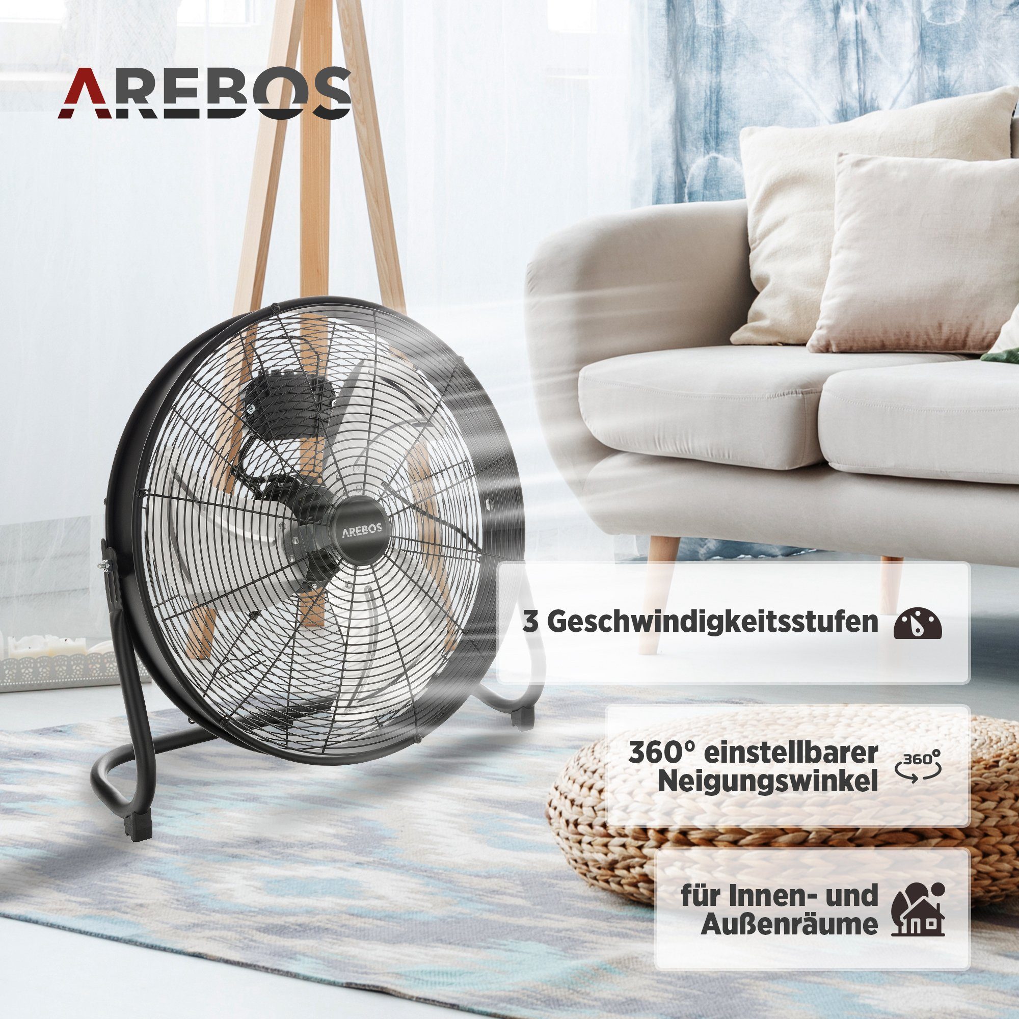 3 Ø Arebos Bodenventilator cm, 50 Windmaschine, Ventilator, Geschwindigkeitsstufen